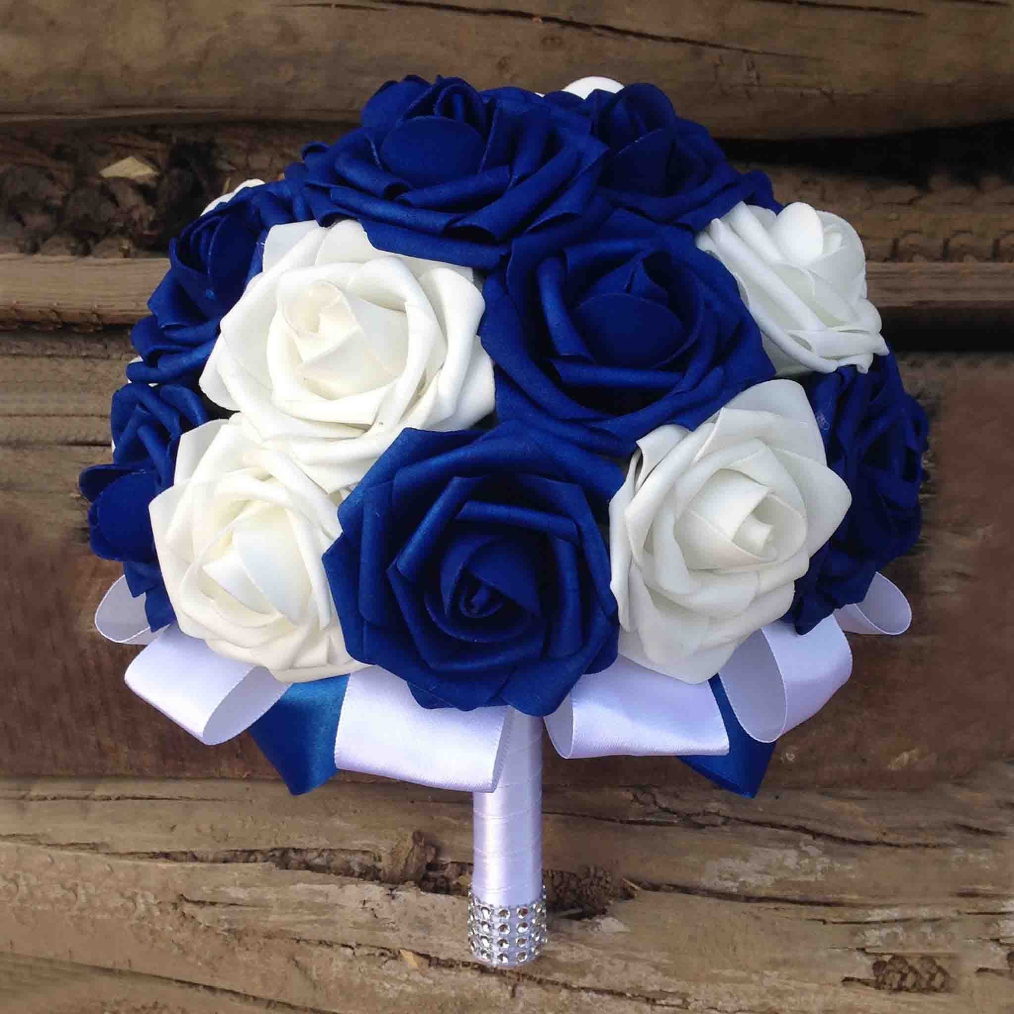 White and Royal Blue Wedding Bouquet for Bridal Bridesmaids