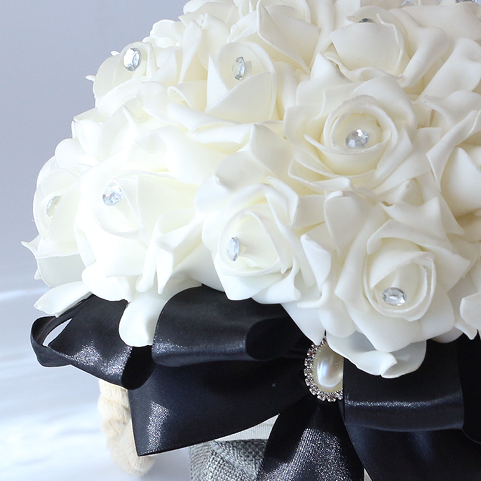 Wedding Bouquet White Roses Black Ribbon for Bridal Bridesmaids