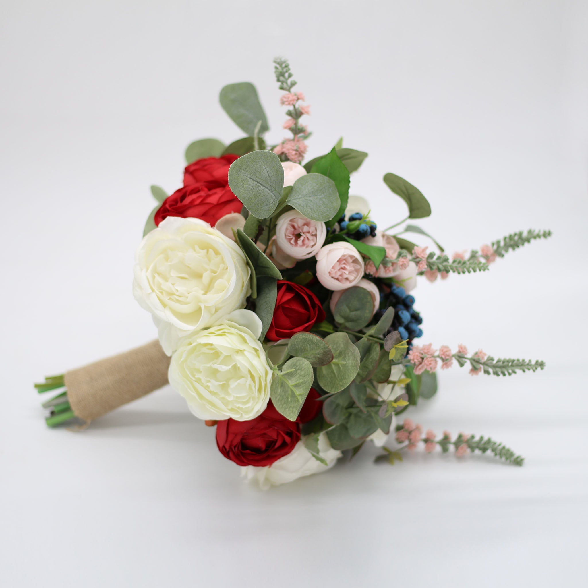 Rustic Wedding Bouquet Red White Roses Peony Artificial Bridal Bouquet