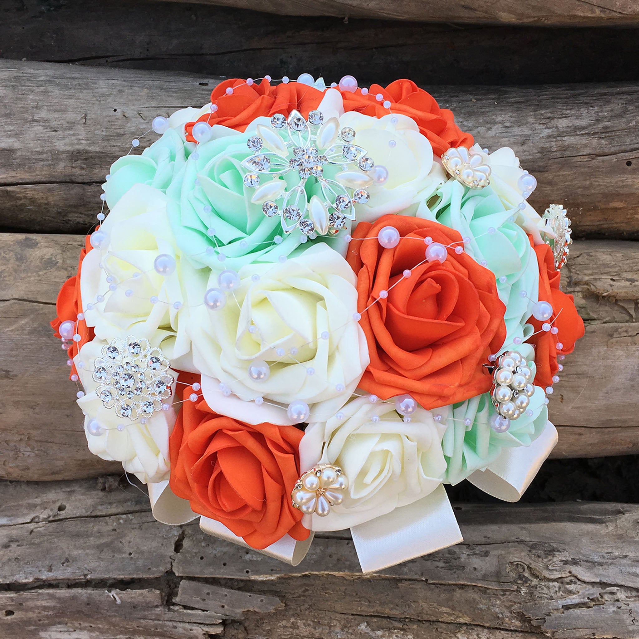 Orange Ivory Mint Bridal Wedding Bouquet 10 inch