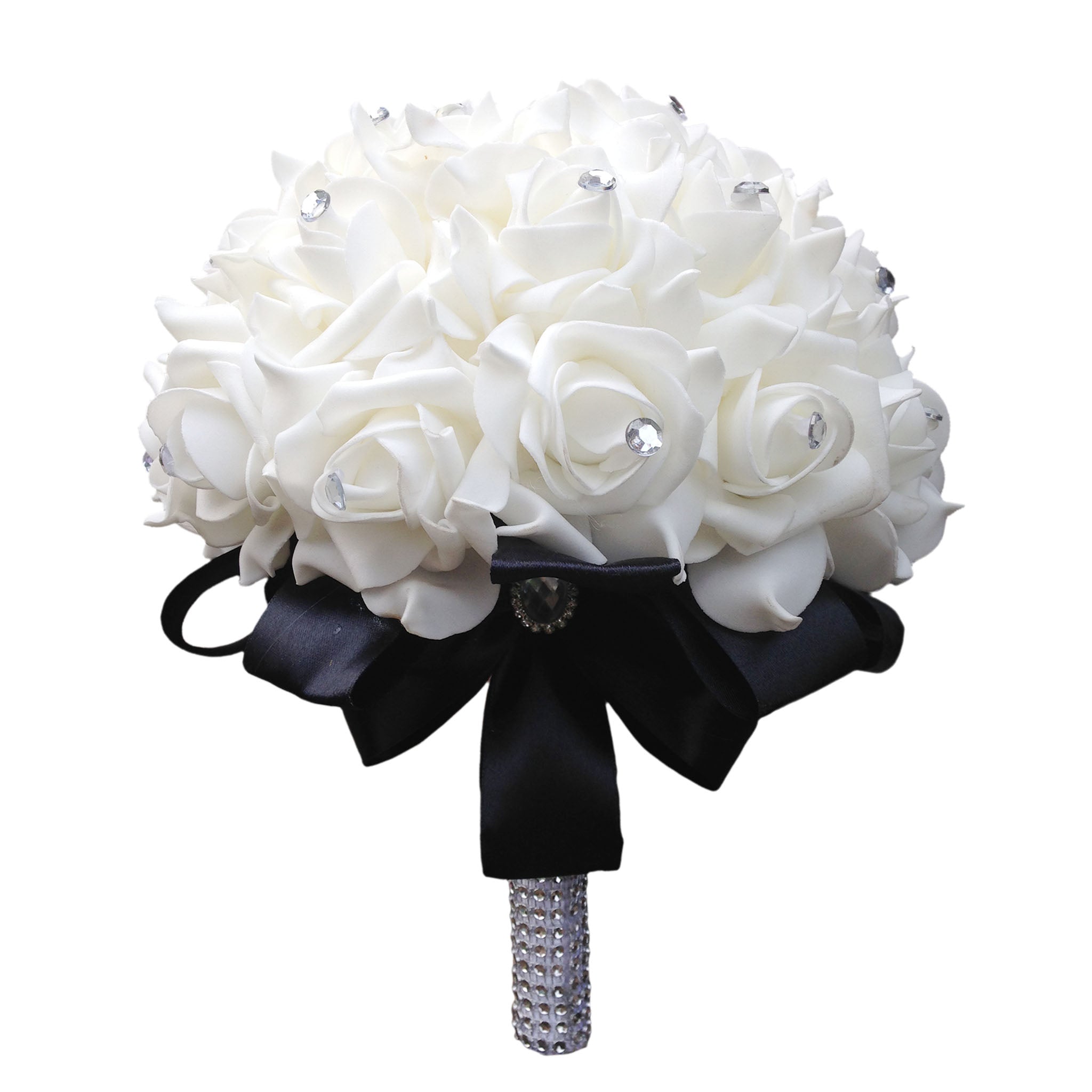 Wedding Bouquet White Roses Black Ribbon for Bridal Bridesmaids