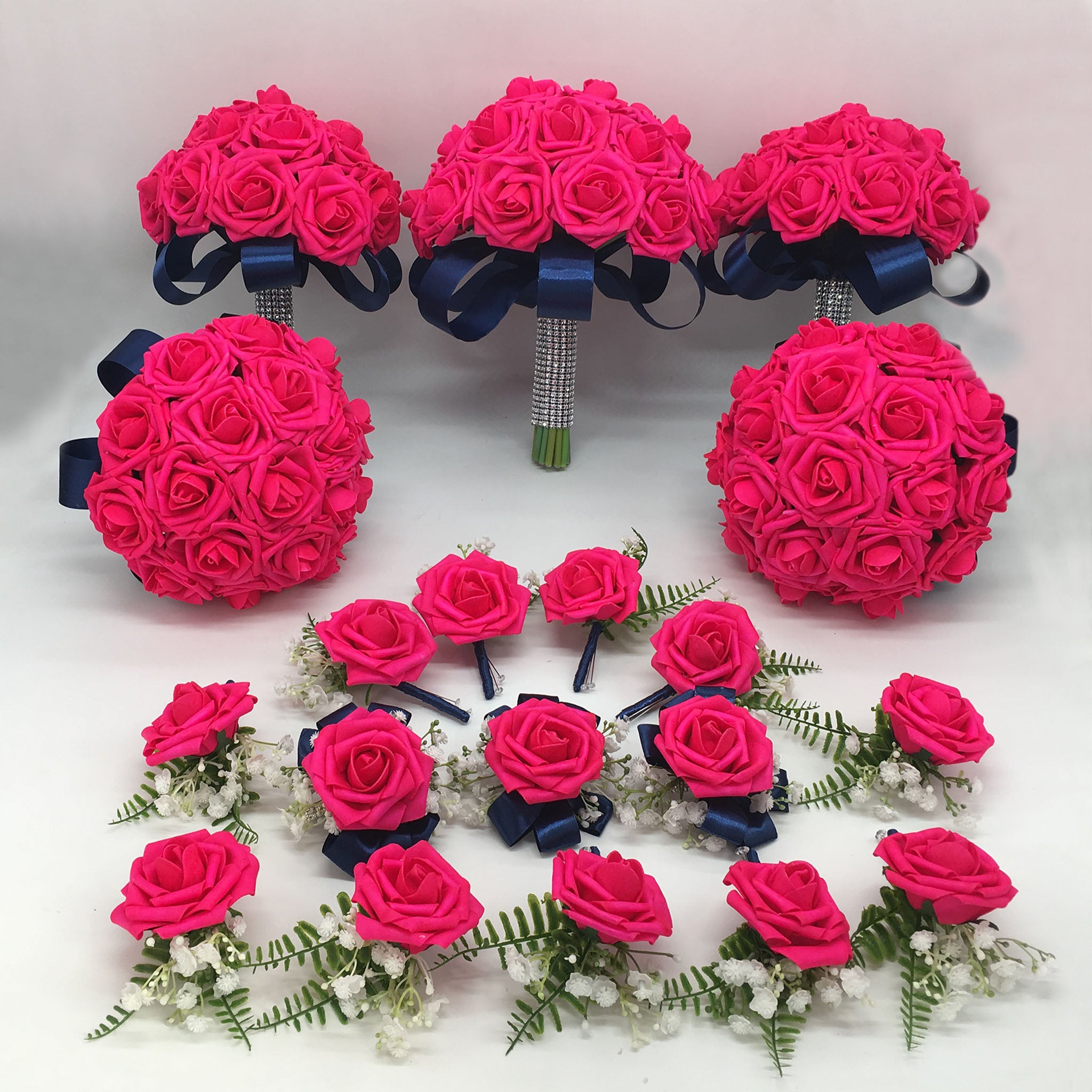Hot Pink Bride Flower Bouquet Artificial Roses Navy Blue Ribbon