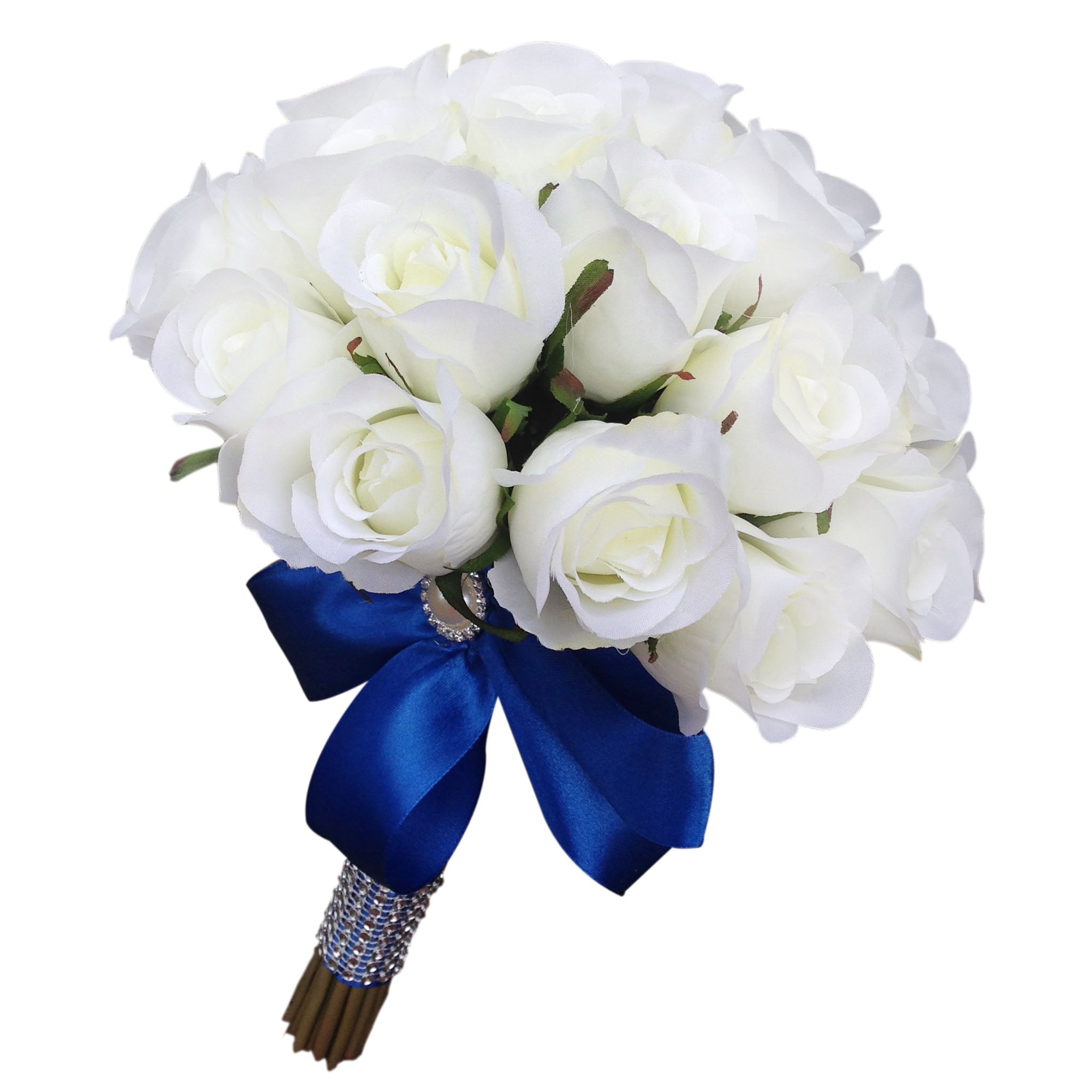 Bouquet of Silk Rose Buds Royal Blue Ribbon Bride Wedding Bouquet