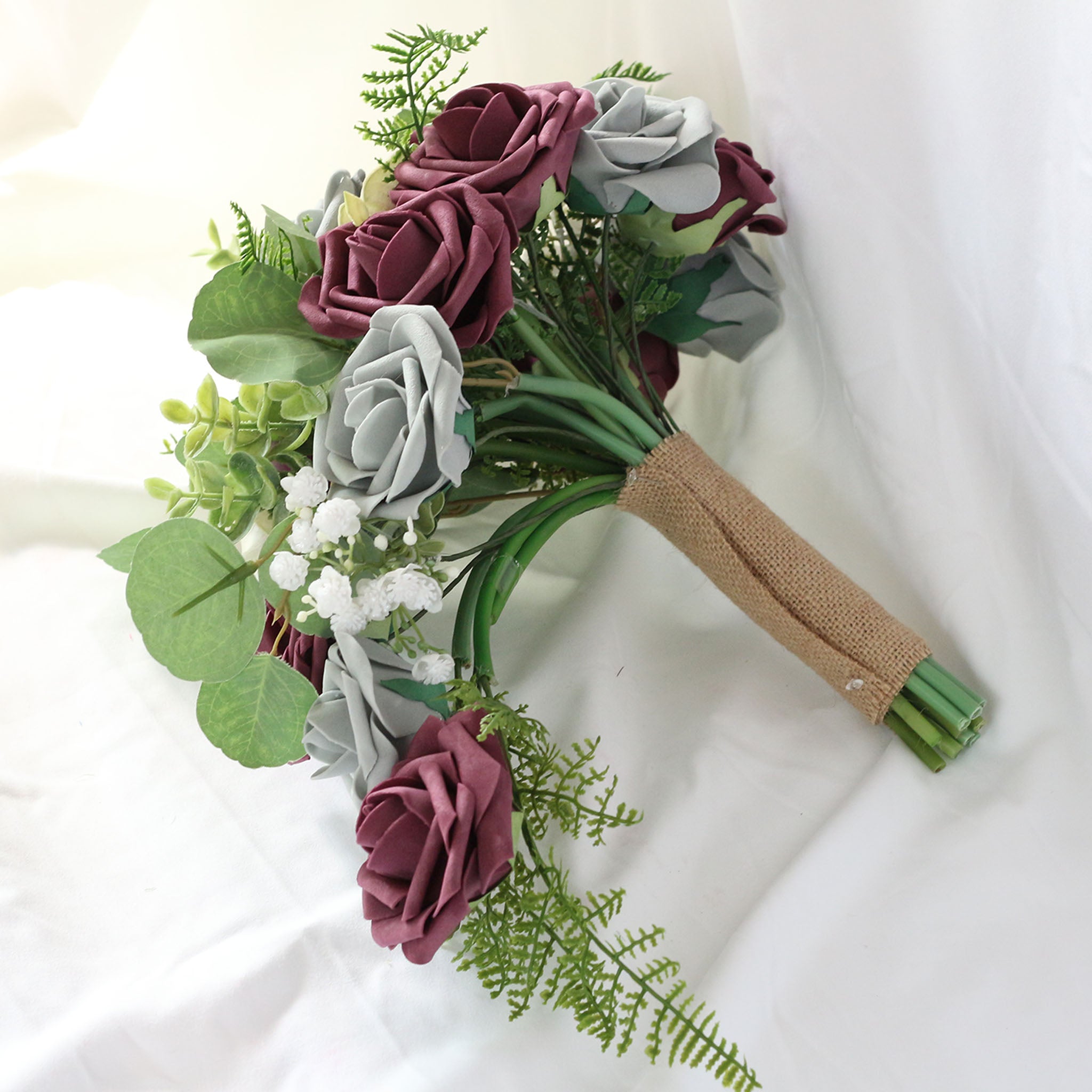 Plum Gray Roses Cascading Bouquet Fake Flower Greenery Bouquet