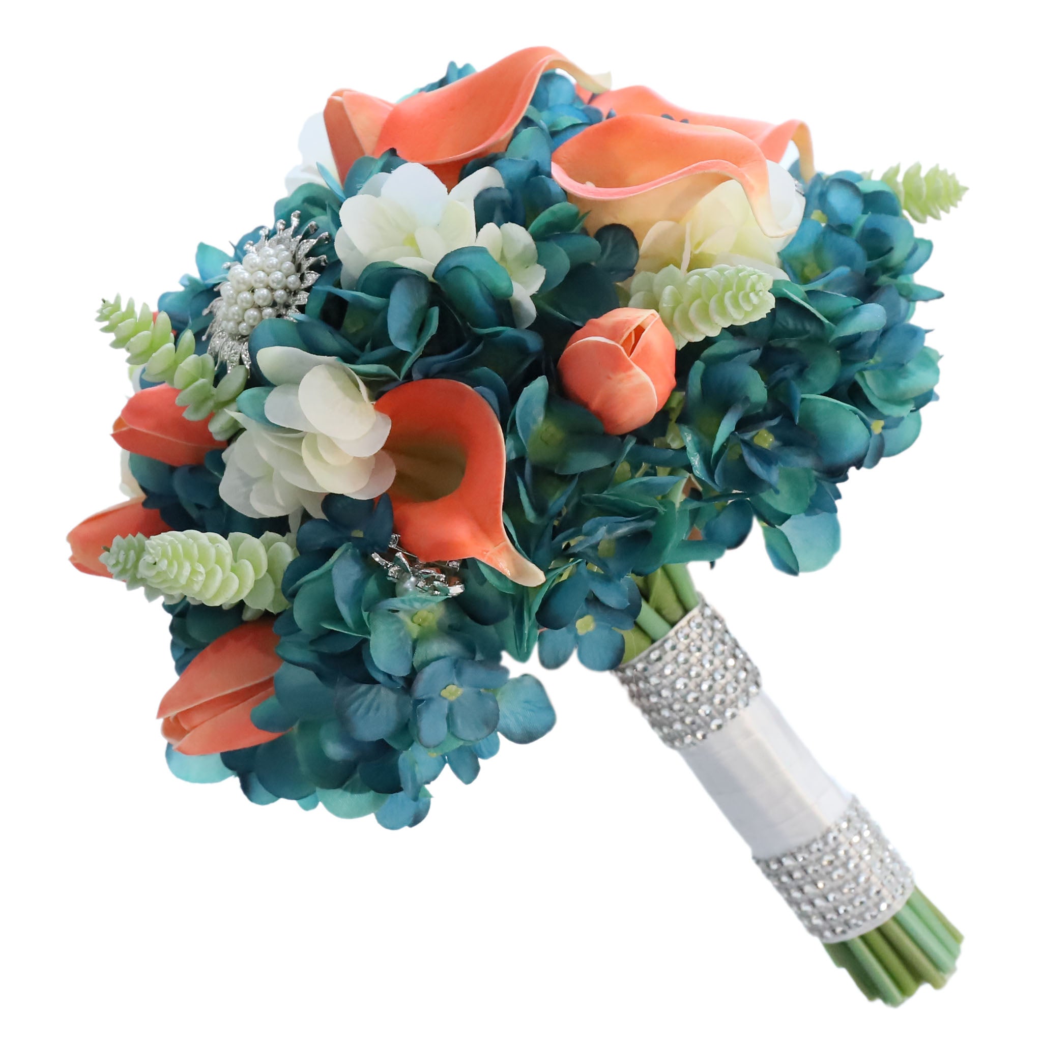 Bridal Bouquet Coral Calla Lily Tulips Teal Hydrangea