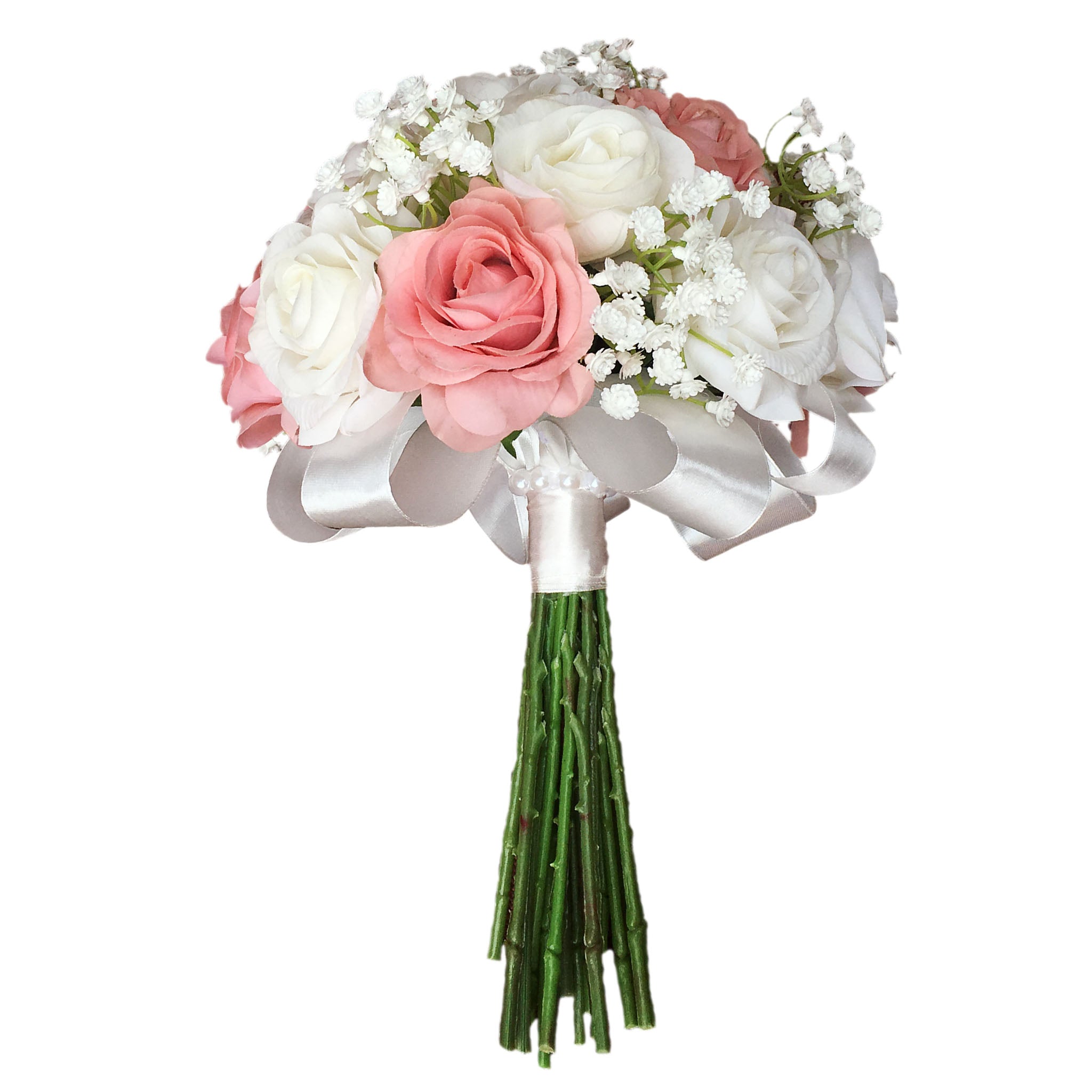 Dusty Rose and White Wedding Bouquet with Babysreahth
