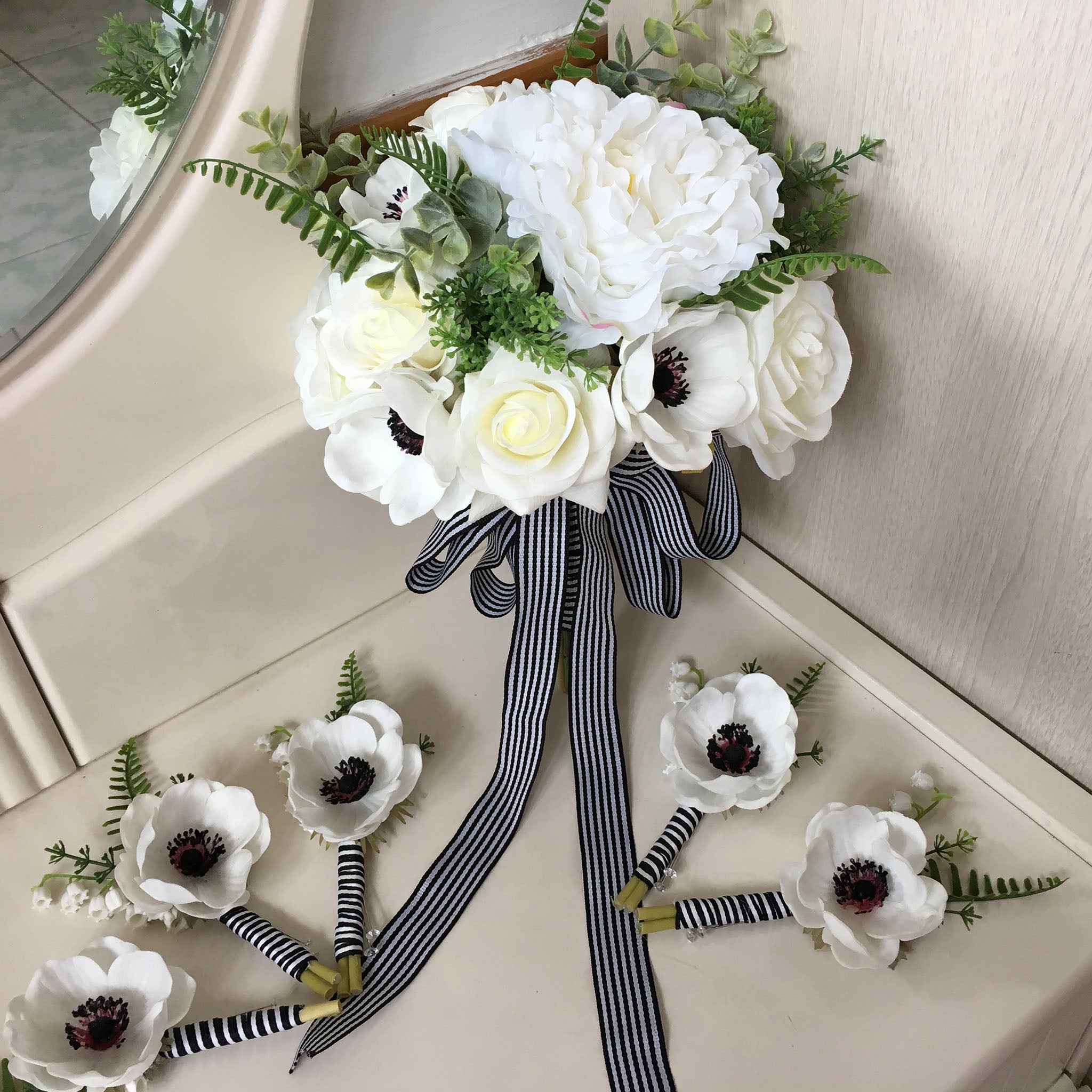 Rustic Peony Bouquet White Anemones Boutonniere Silk Flower Bouquet