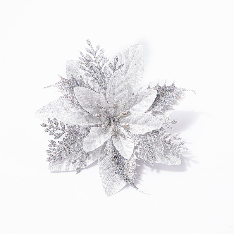 Christmas Flowers Artificial Poinsettia Glitter Decorations Xmas Tree Ornaments