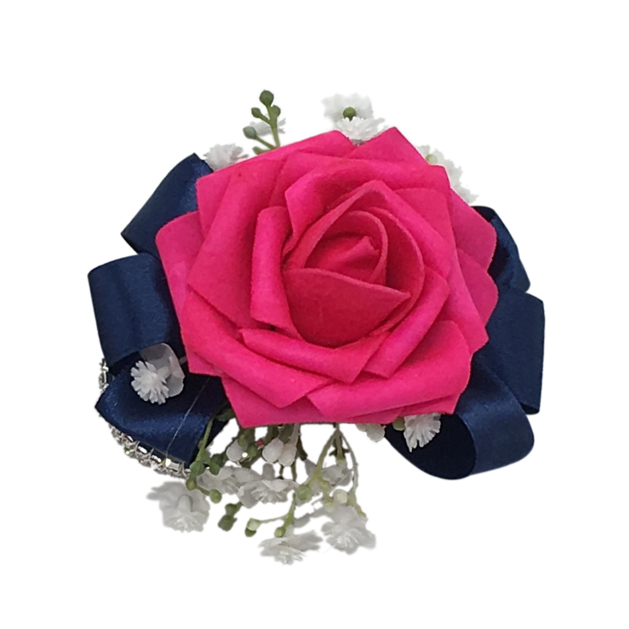 Hot Pink Bride Flower Bouquet Artificial Roses Navy Blue Ribbon