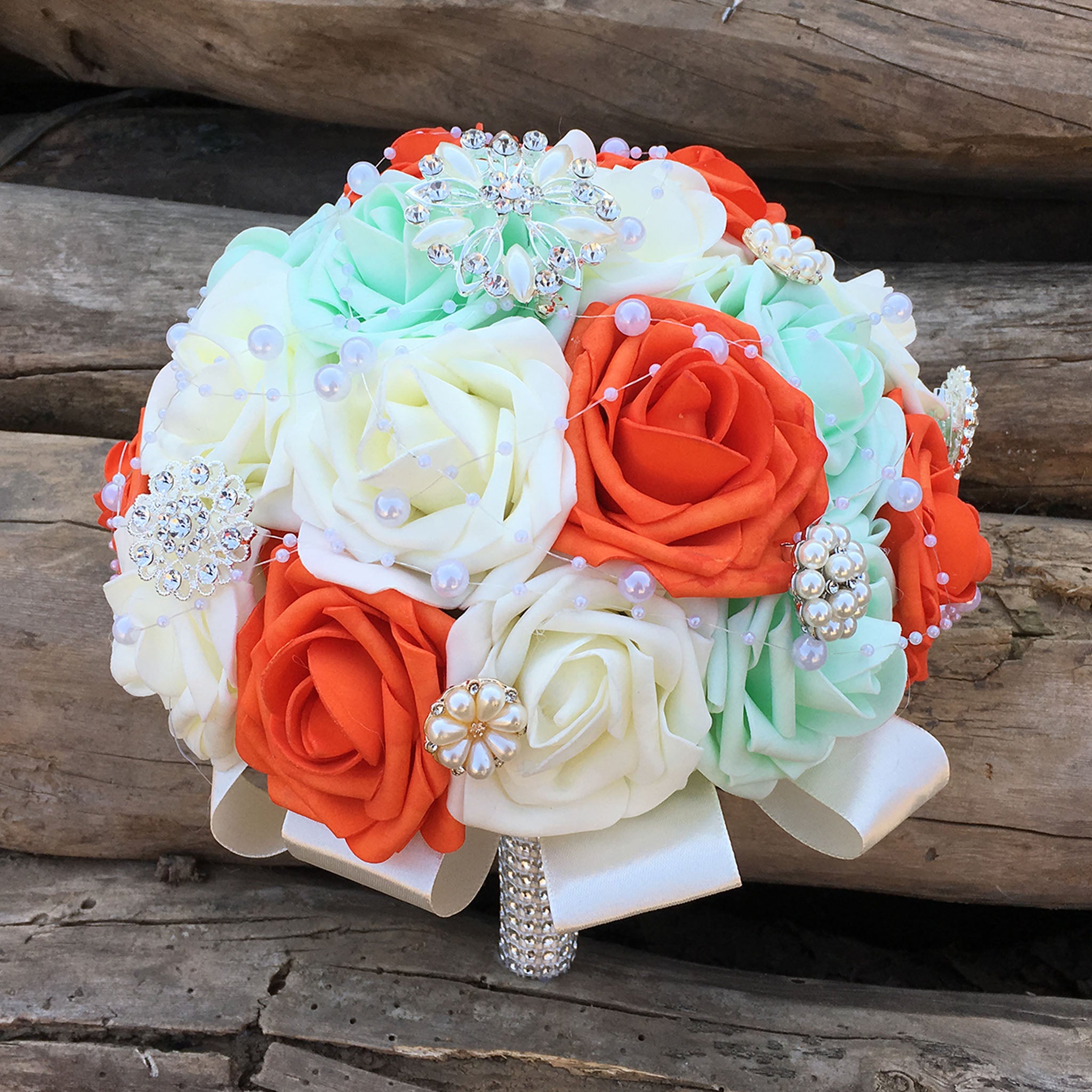 Orange Ivory Mint Bridal Wedding Bouquet 10 inch