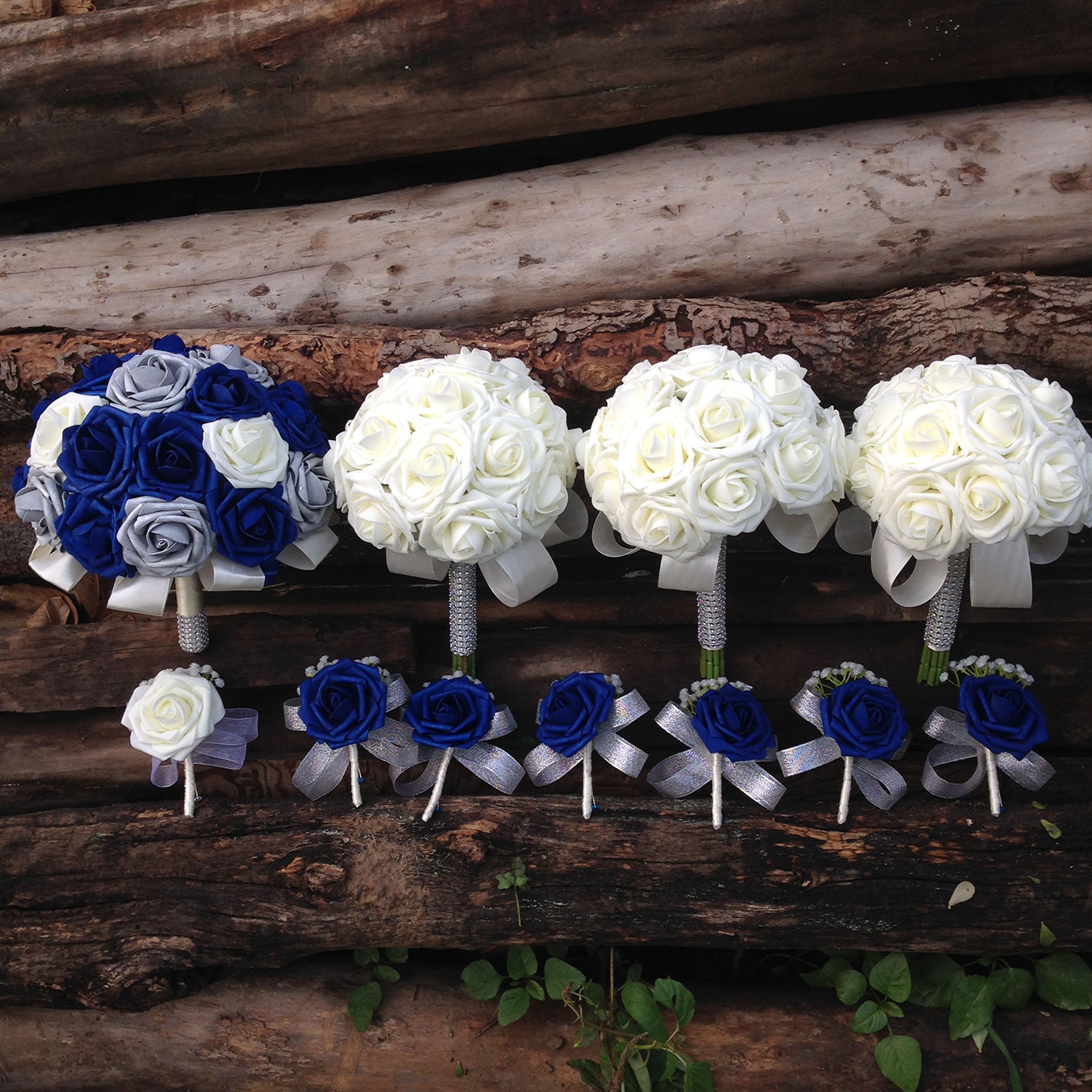 Royal Blue Ivory Roses Wedding Bouquets for Bridal Bridesmaids Boutonnieres