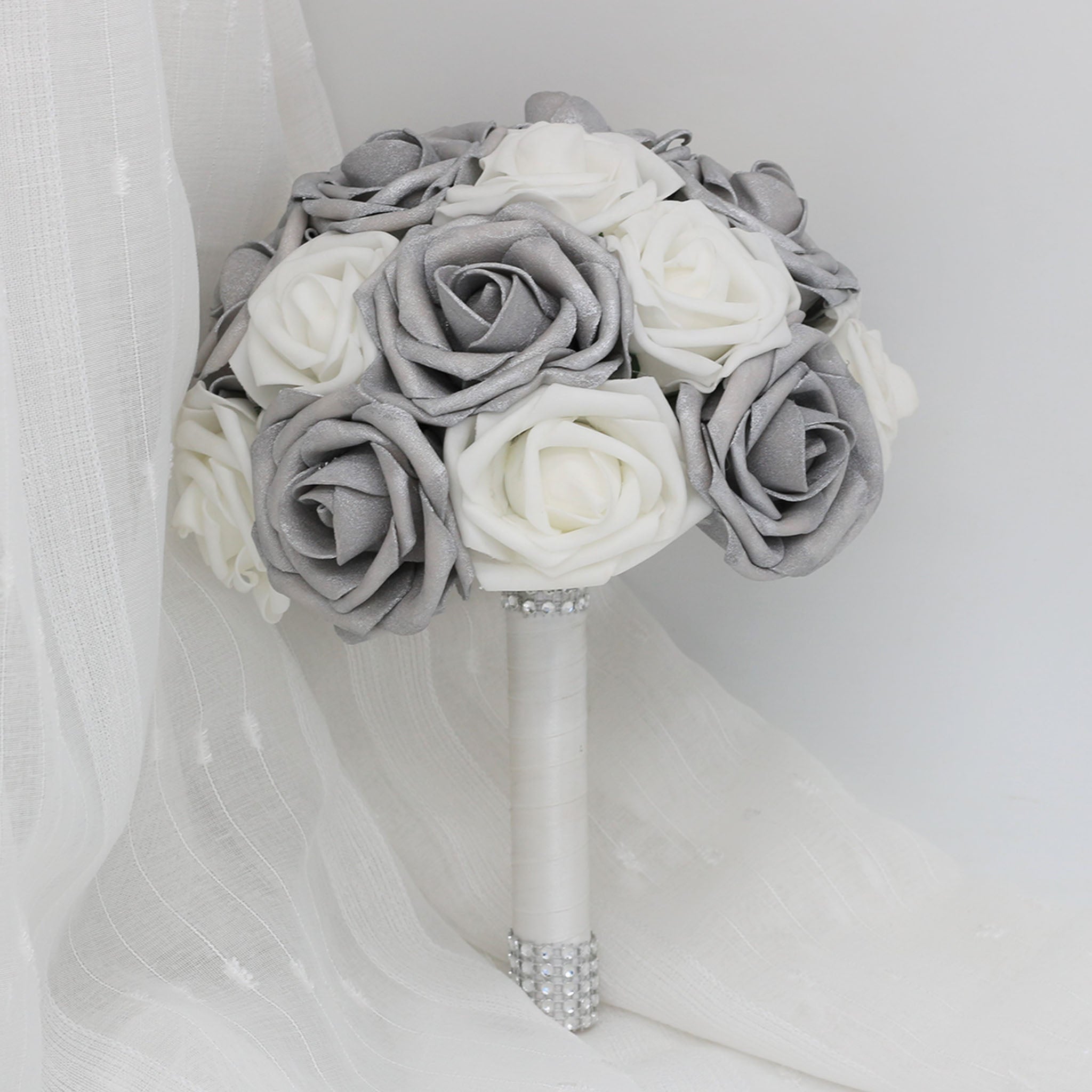 Silver White Bridal Flowers Wedding Bouquet of Roses Bride Bridesmaid
