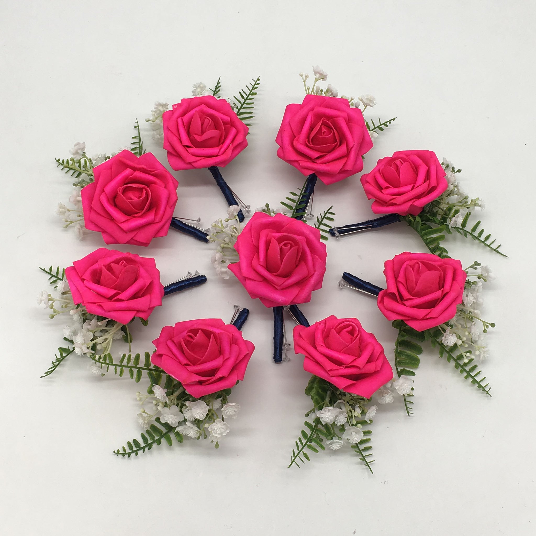 Hot Pink Bride Flower Bouquet Artificial Roses Navy Blue Ribbon