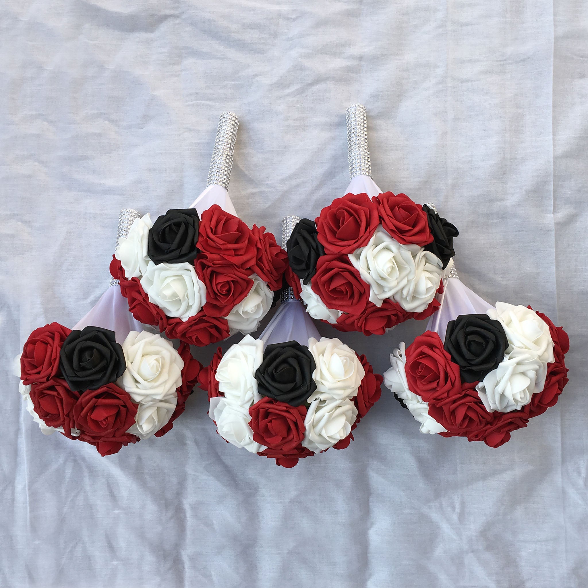 Wedding Bouquets Package for 5 Bridesmaids Dark Red Black White Roses