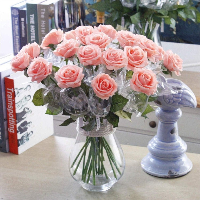 Soft Pink Roses Latex 10 Artificial Flowers Faux Wedding Flower