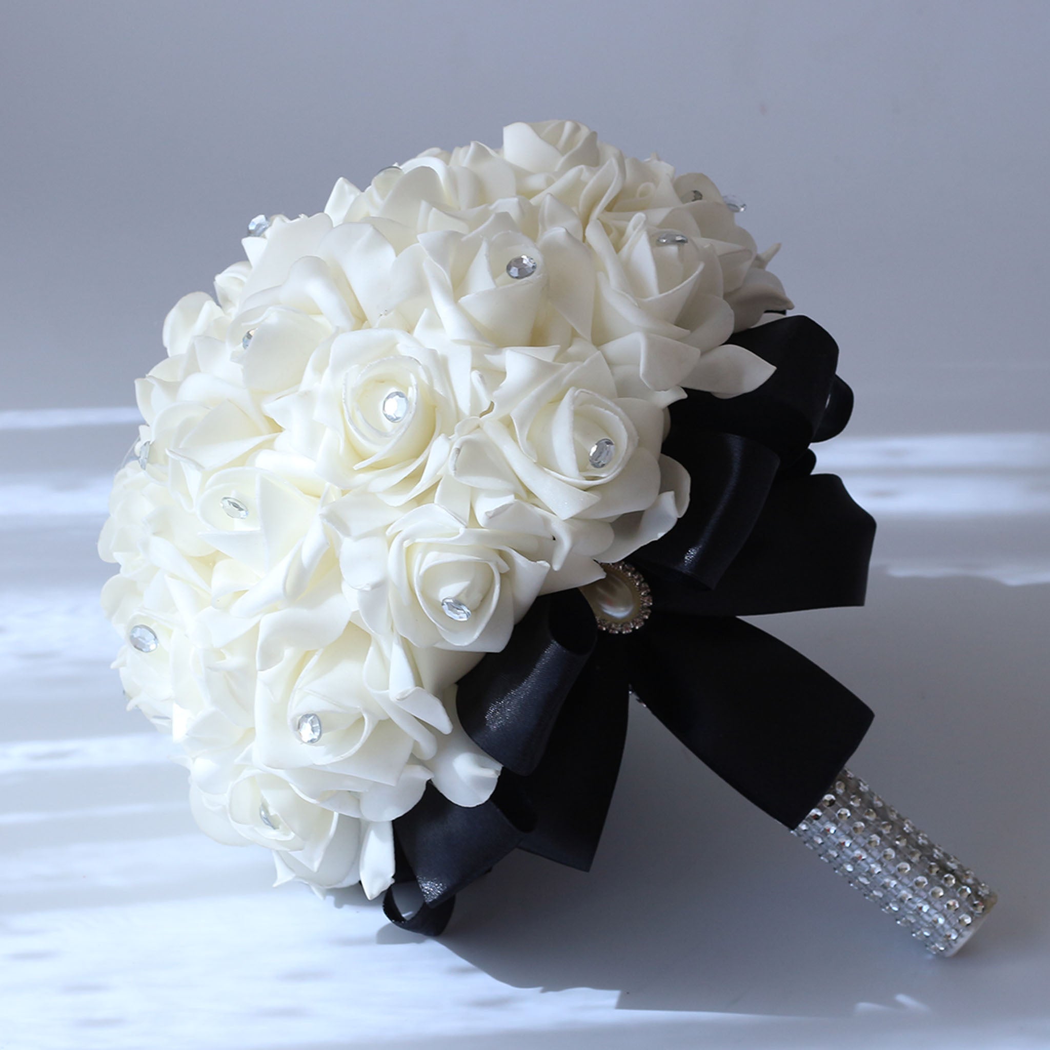 Wedding Bouquet White Roses Black Ribbon for Bridal Bridesmaids