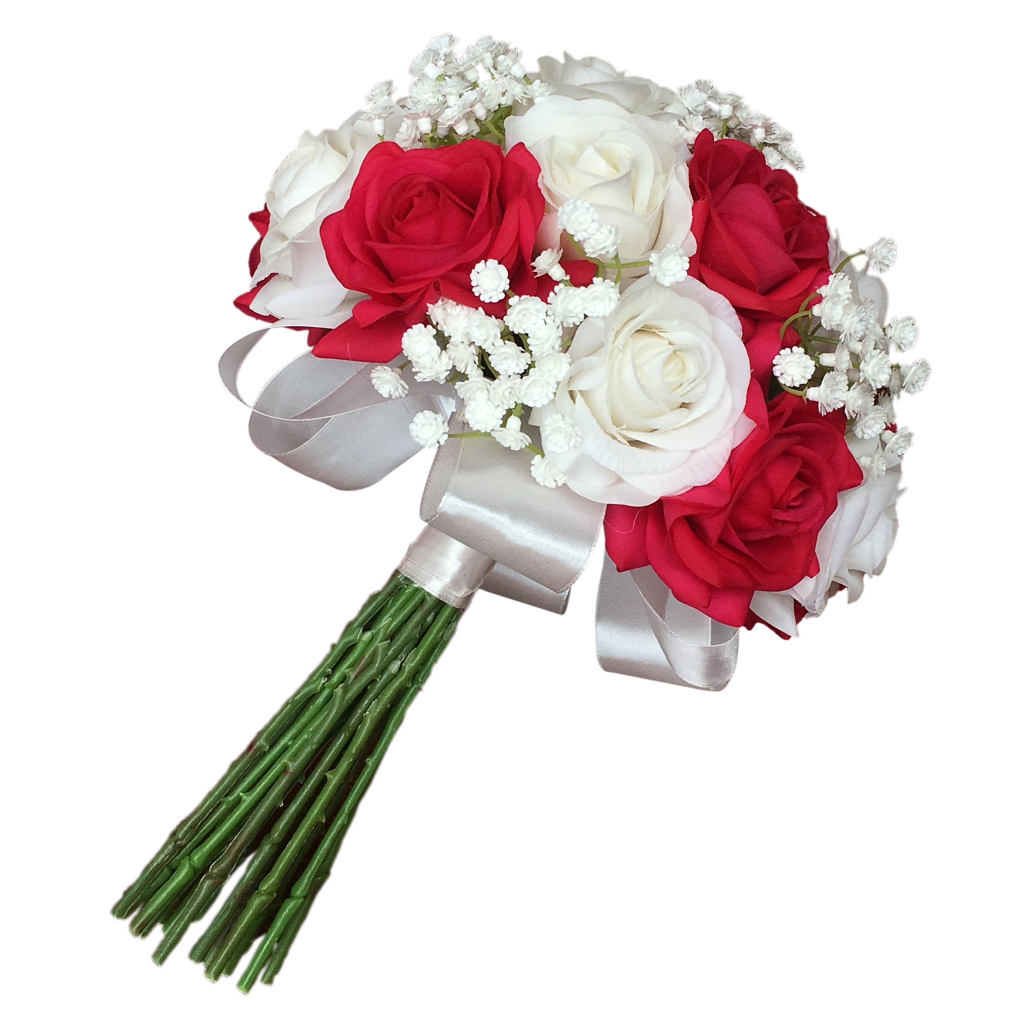 White and Fuchsia Bridal Flower Bouquet with Babys Breath