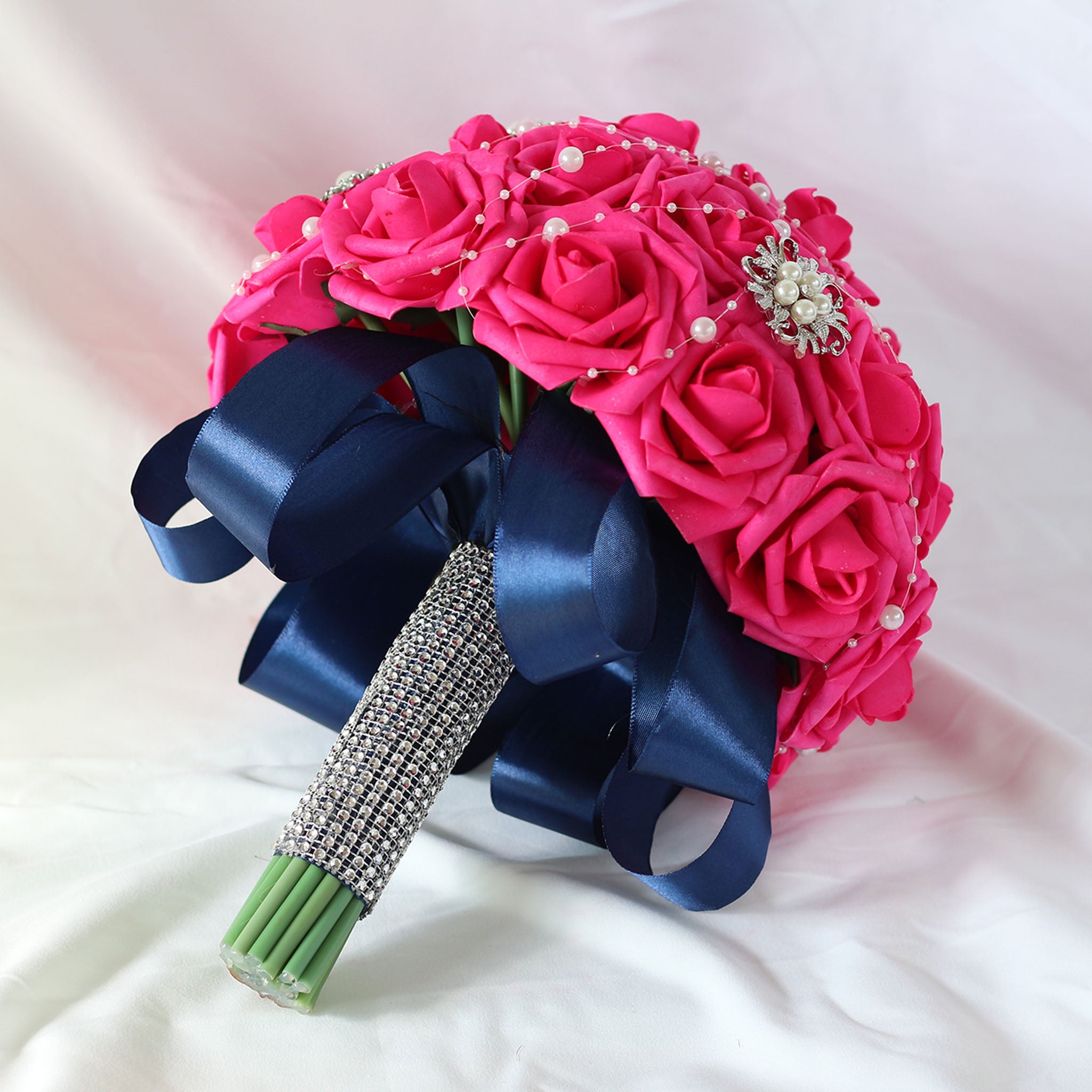 Hot Pink Bride Flower Bouquet Artificial Roses Navy Blue Ribbon