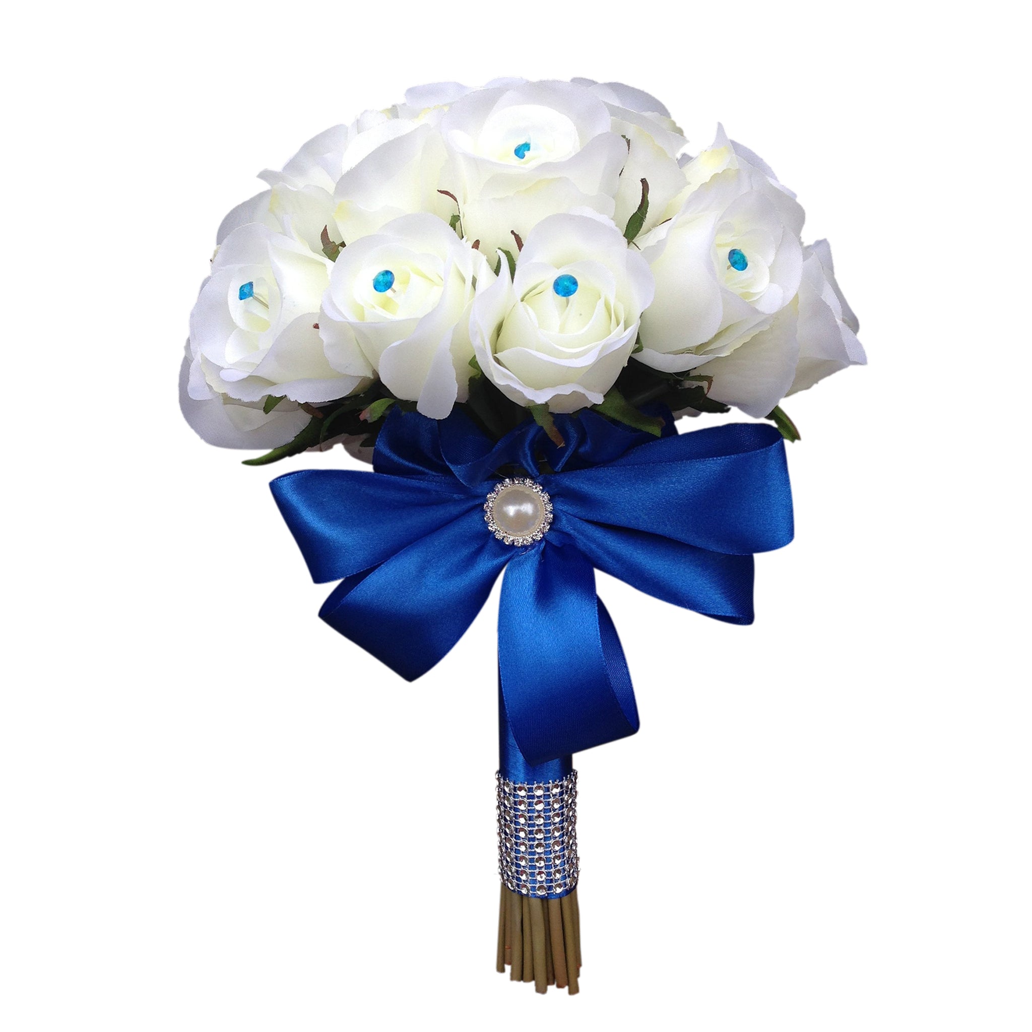 Bouquet of Silk Rose Buds Royal Blue Ribbon Bride Wedding Bouquet
