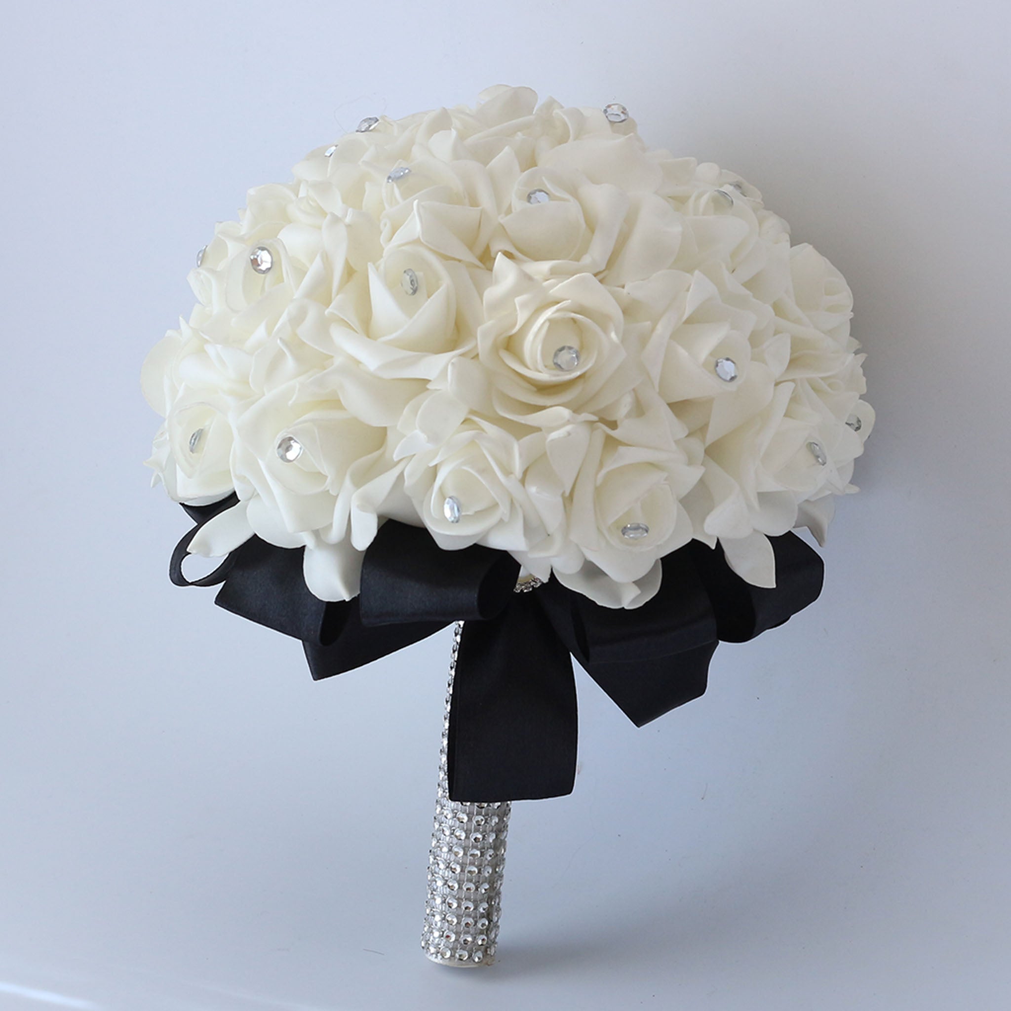 Wedding Bouquet White Roses Black Ribbon for Bridal Bridesmaids