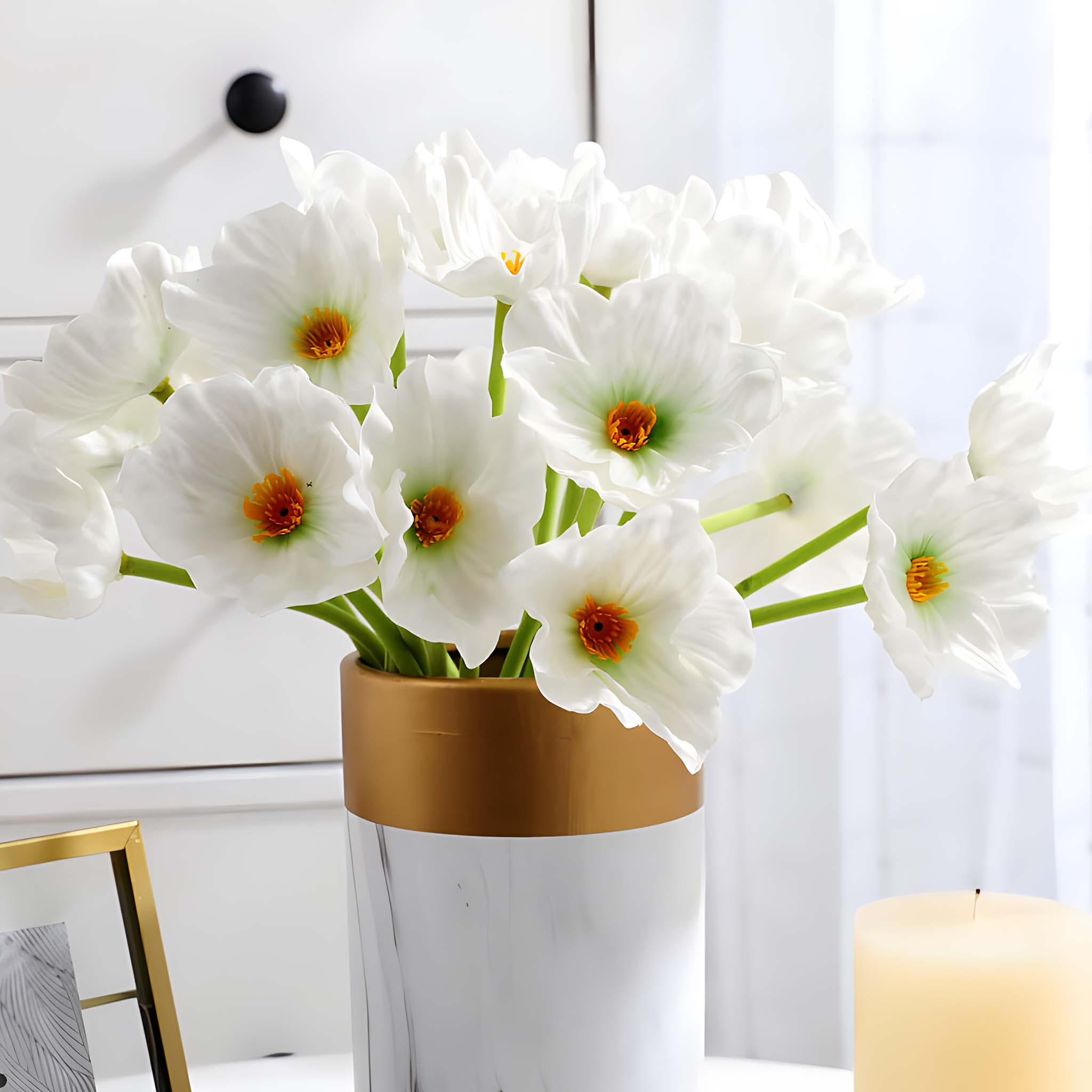 White Poppy Windflowers Fake Flowers 10 Blooms