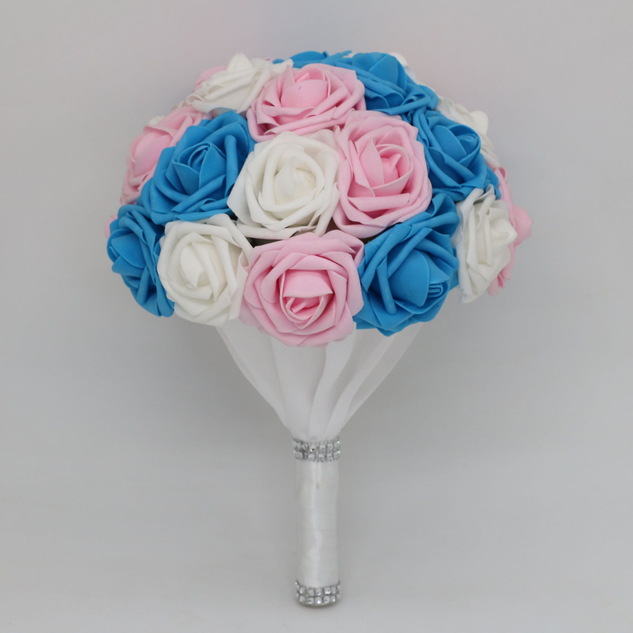 Turquoise White Pink Bridal Bouquet Fake Roses