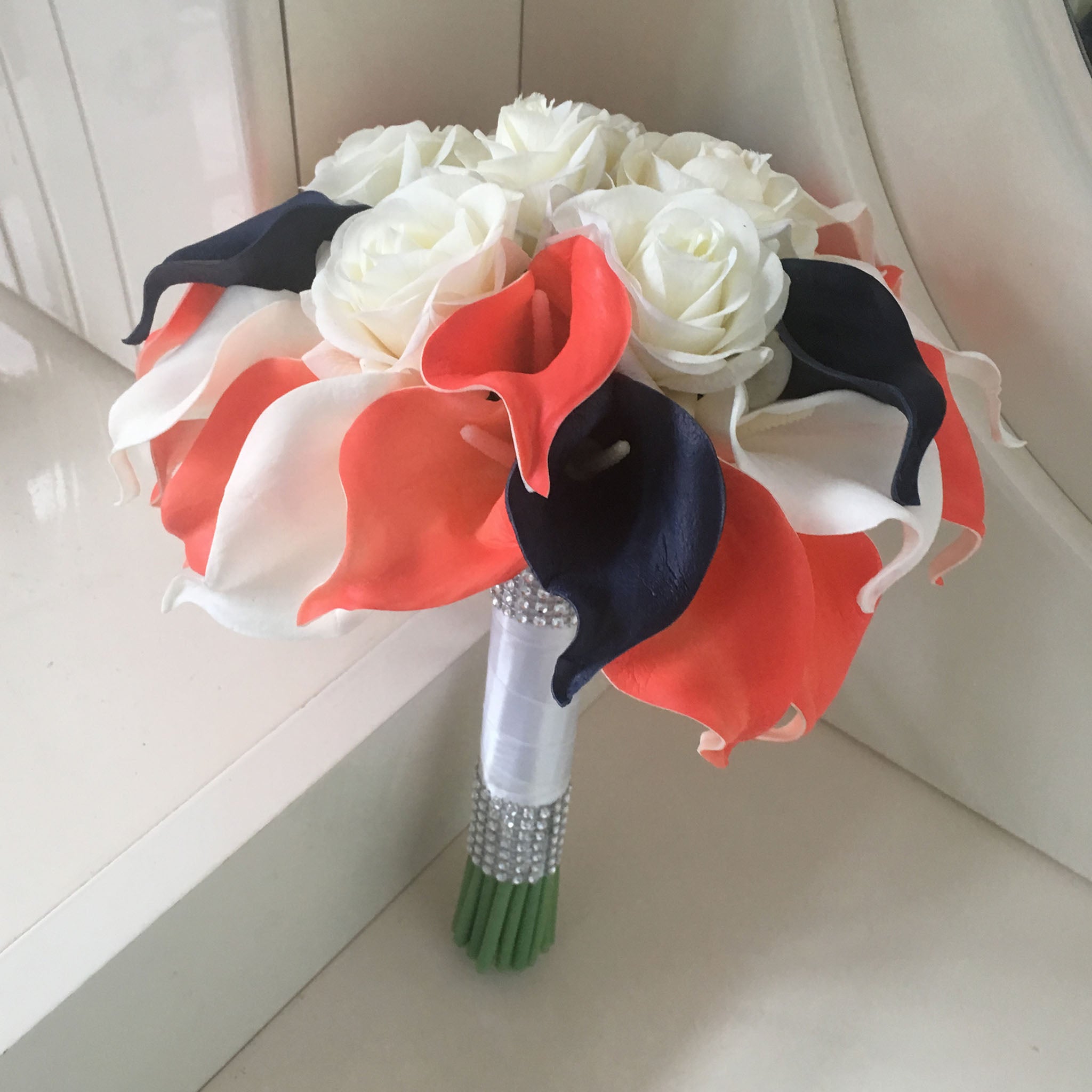 Coral and Navy Wedding Flowers Bridal Bridesmaids Bouquets Corsages