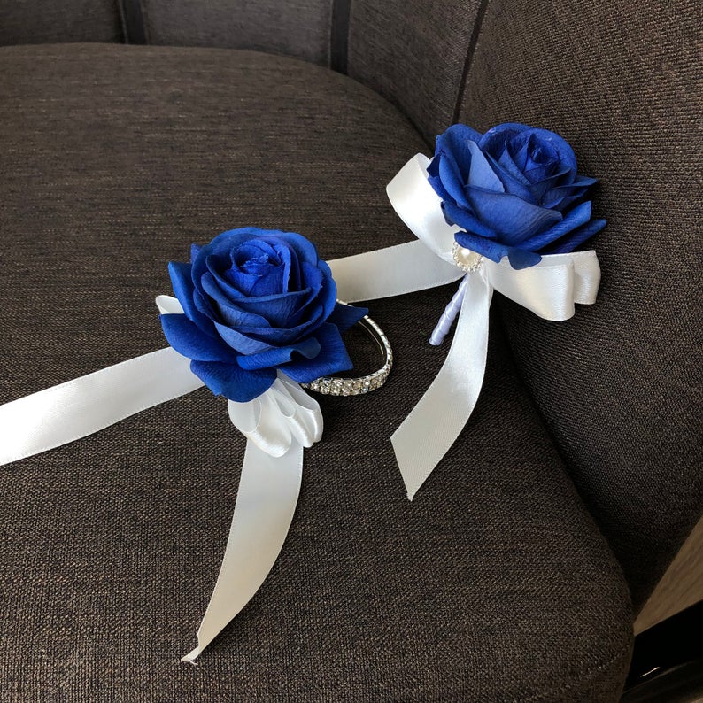 Corsage and Boutonniere Set Royal Blue Rose Fake Flower