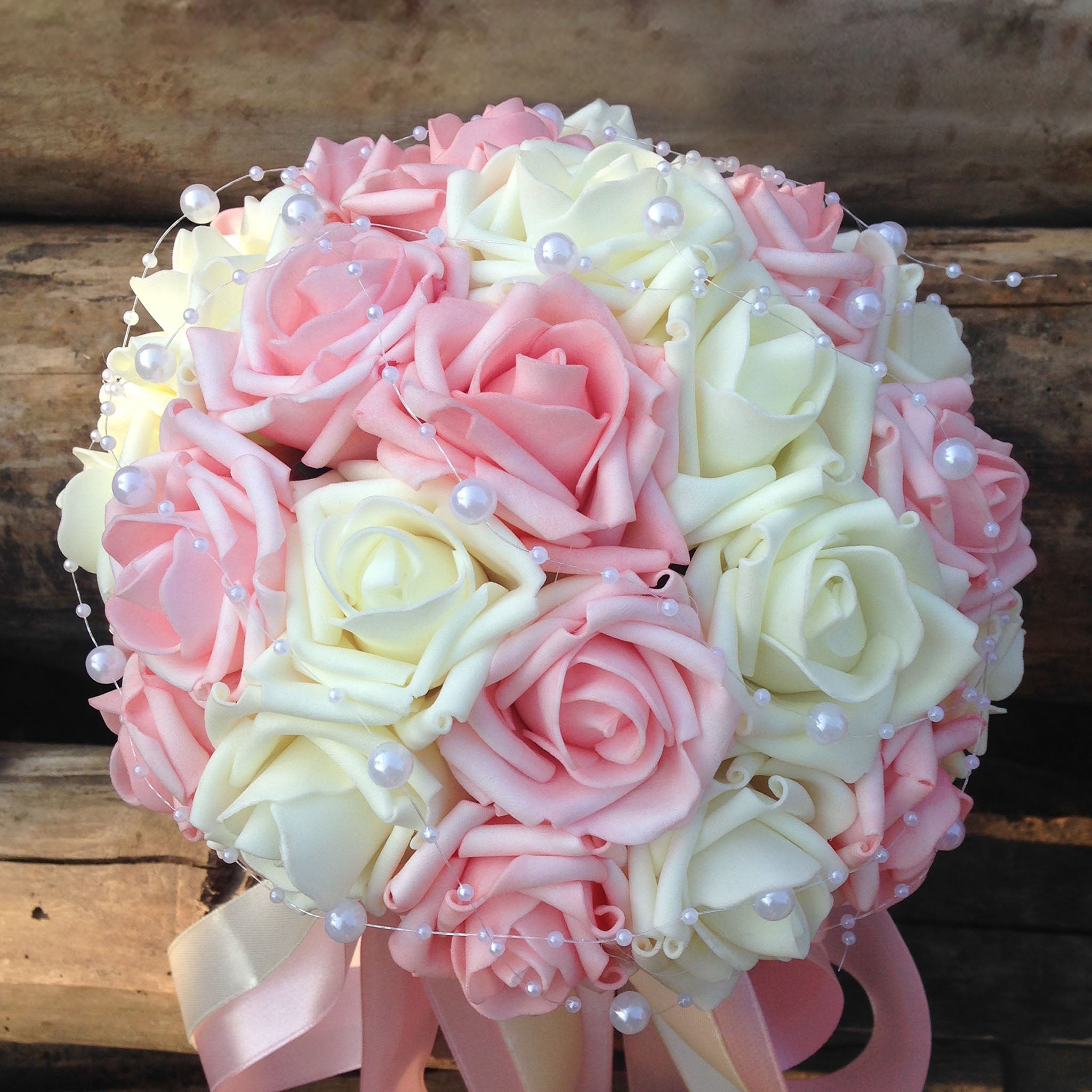Flower Bouquet of Artificial Roses Light Pink Ivory Bridal Bouquet