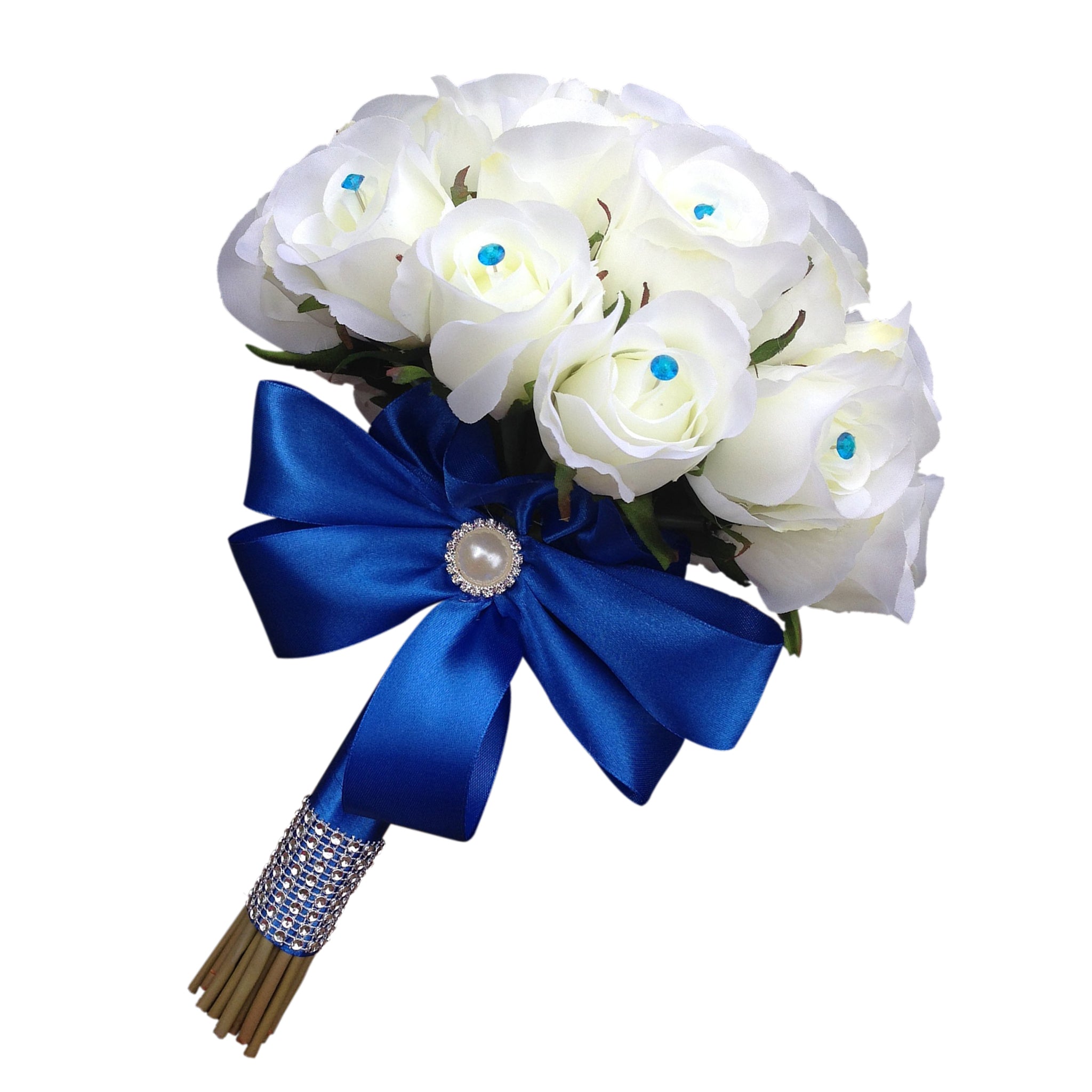 Bouquet of Silk Rose Buds Royal Blue Ribbon Bride Wedding Bouquet