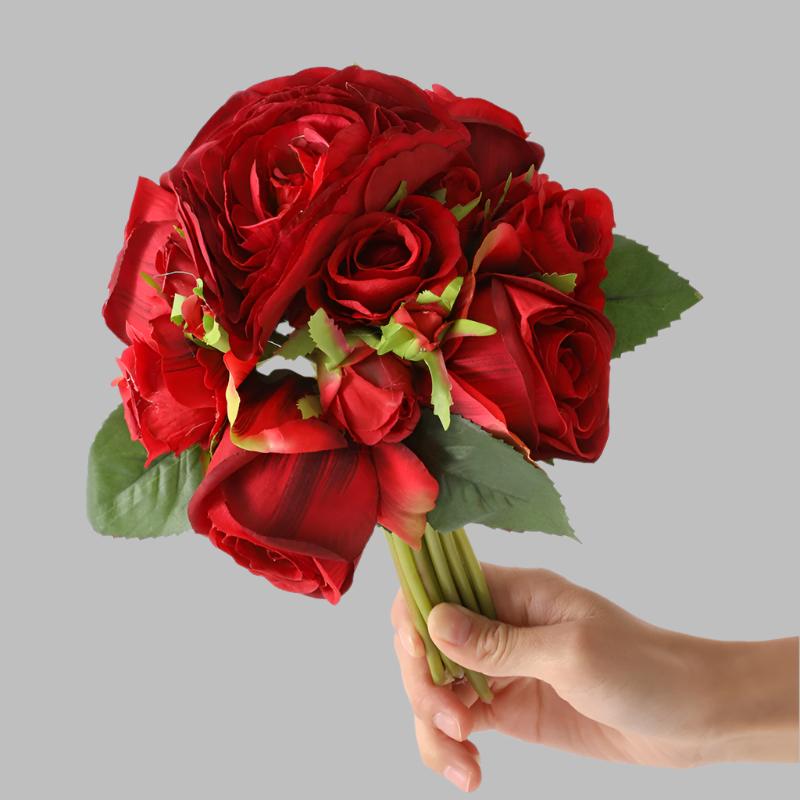 Dark Red Bouquet Artificial Silk Rose Flower Bundle Maroon Wedding Flowers