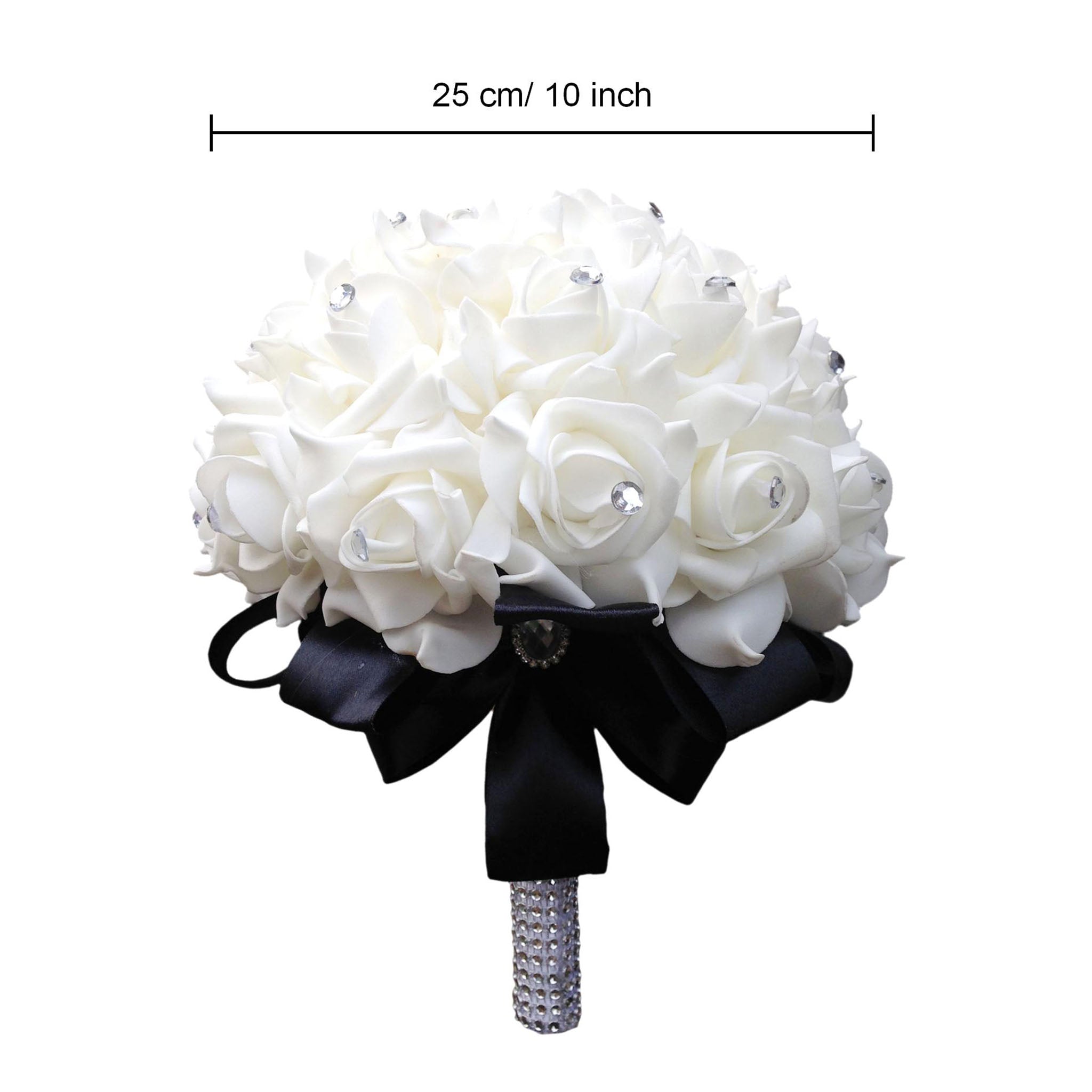 Wedding Bouquet White Roses Black Ribbon for Bridal Bridesmaids