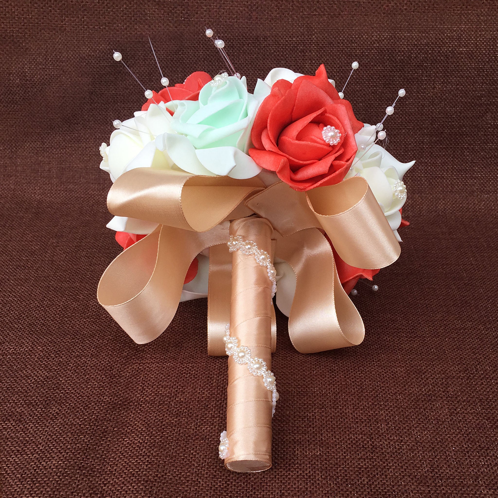 Coral Mint Ivory Flower Bouquet Artificial Bridesmaid Bouquet