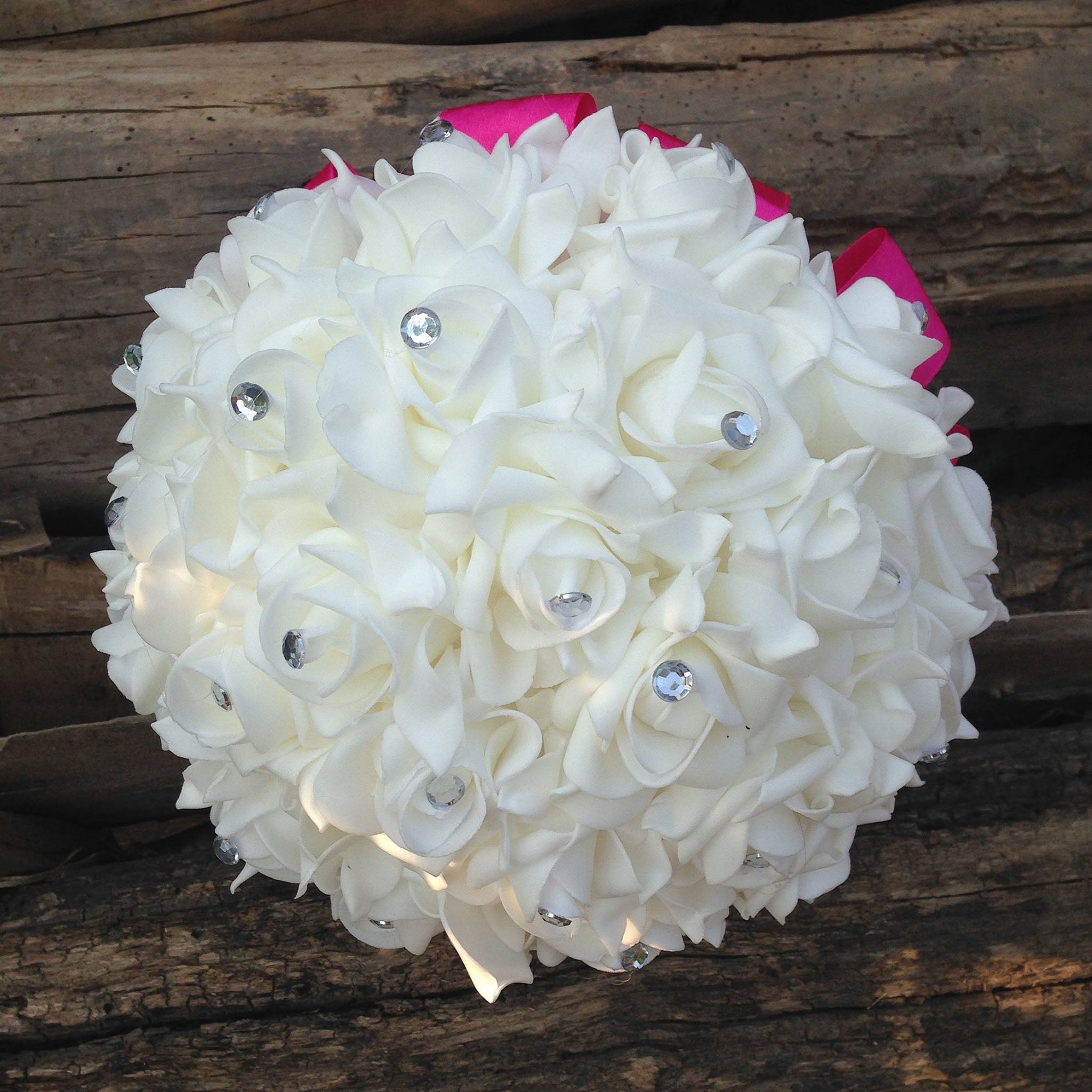 Fuchsia Silk Ribbon White Rose Bouquet For Bridal Bridesmaids