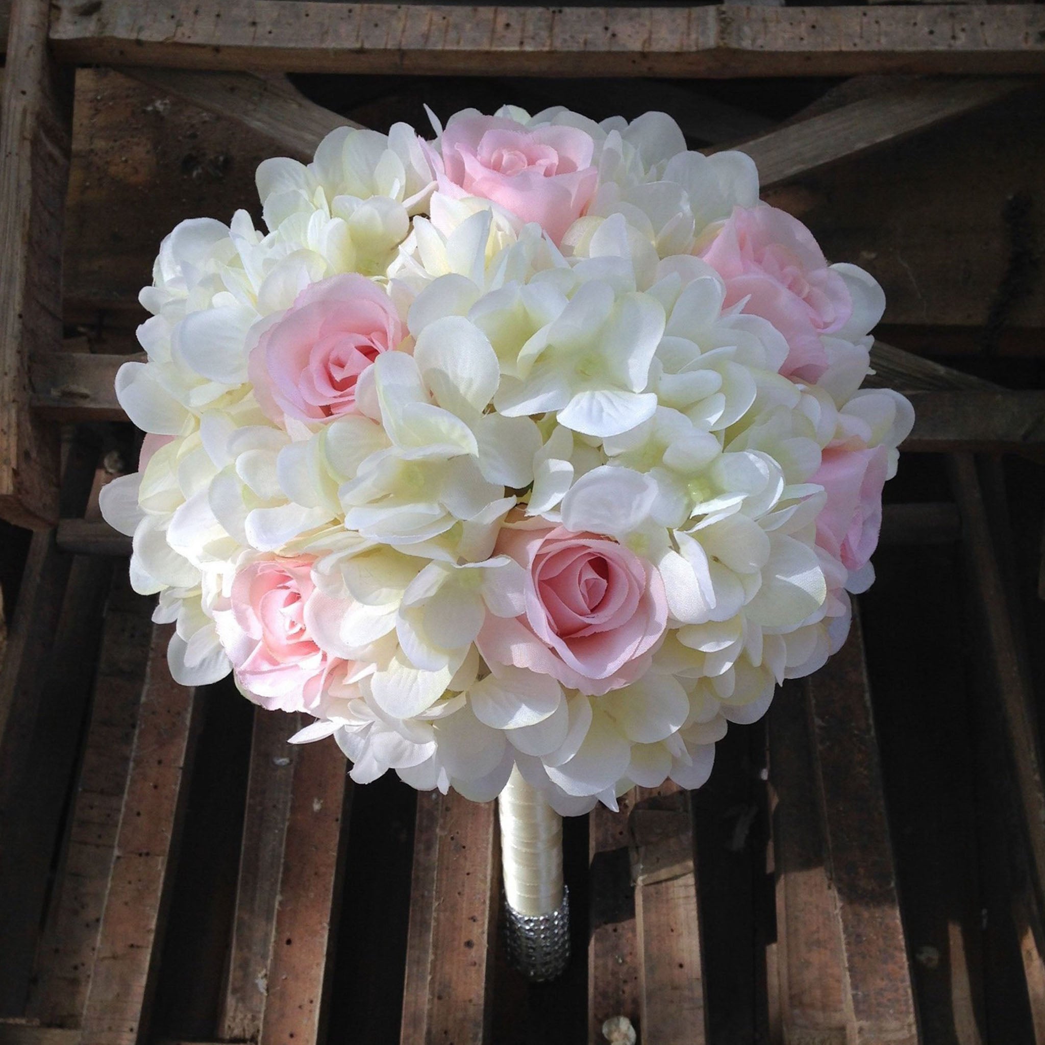 Cream White Hydrangea Wedding Bouquet Pink Rose Bridal Flowers