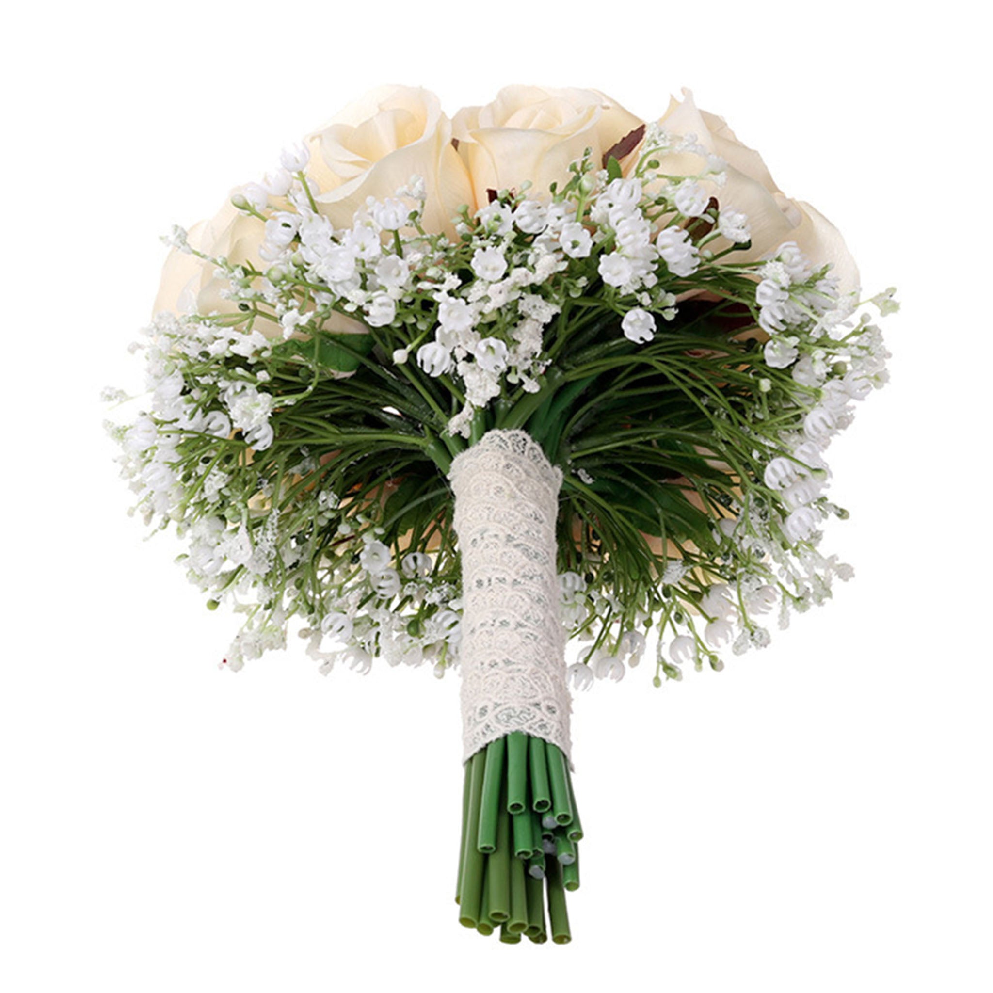 Spring Wedding Bouquet Champagne Silk Roses Babysbreath Bouquet