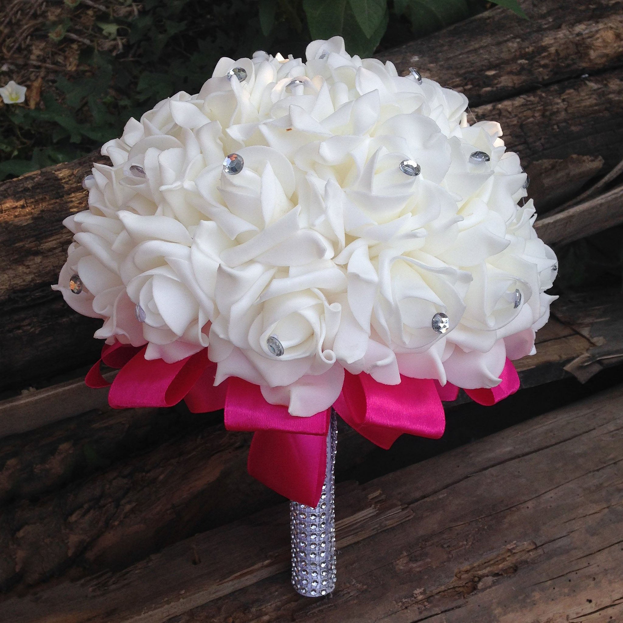Fuchsia Silk Ribbon White Rose Bouquet For Bridal Bridesmaids