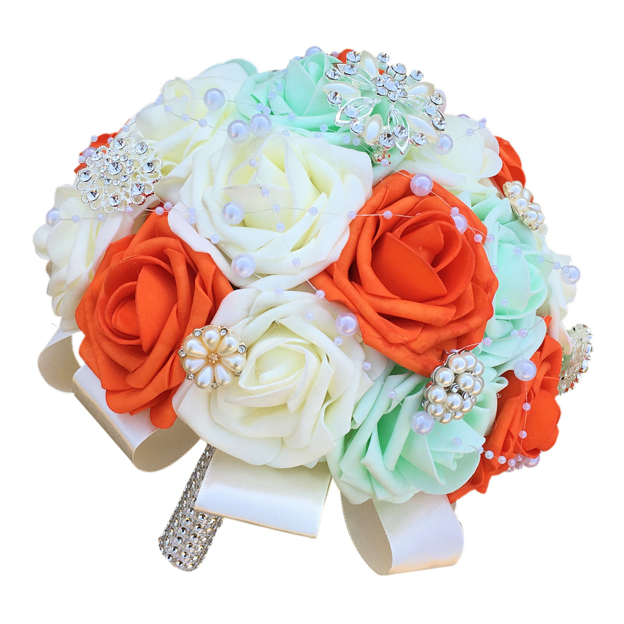 Orange Ivory Mint Bridal Wedding Bouquet 10 inch
