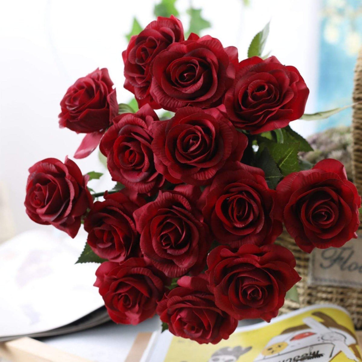 Dark Red Flowers Real Touch Roses Burgundy for Wedding Floral Decor 10pcs