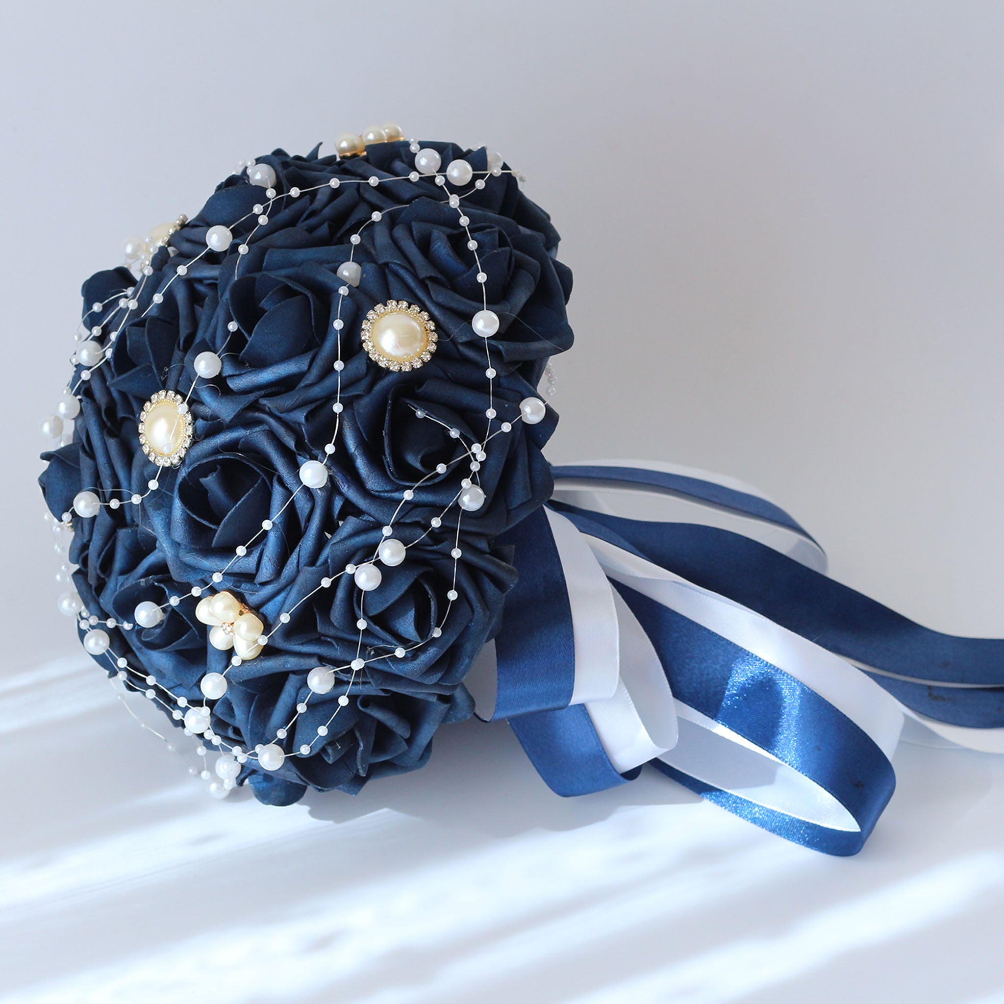 Bridal Bouquet Navy Blue Roses Artificial Wedding Bouquet Pearls