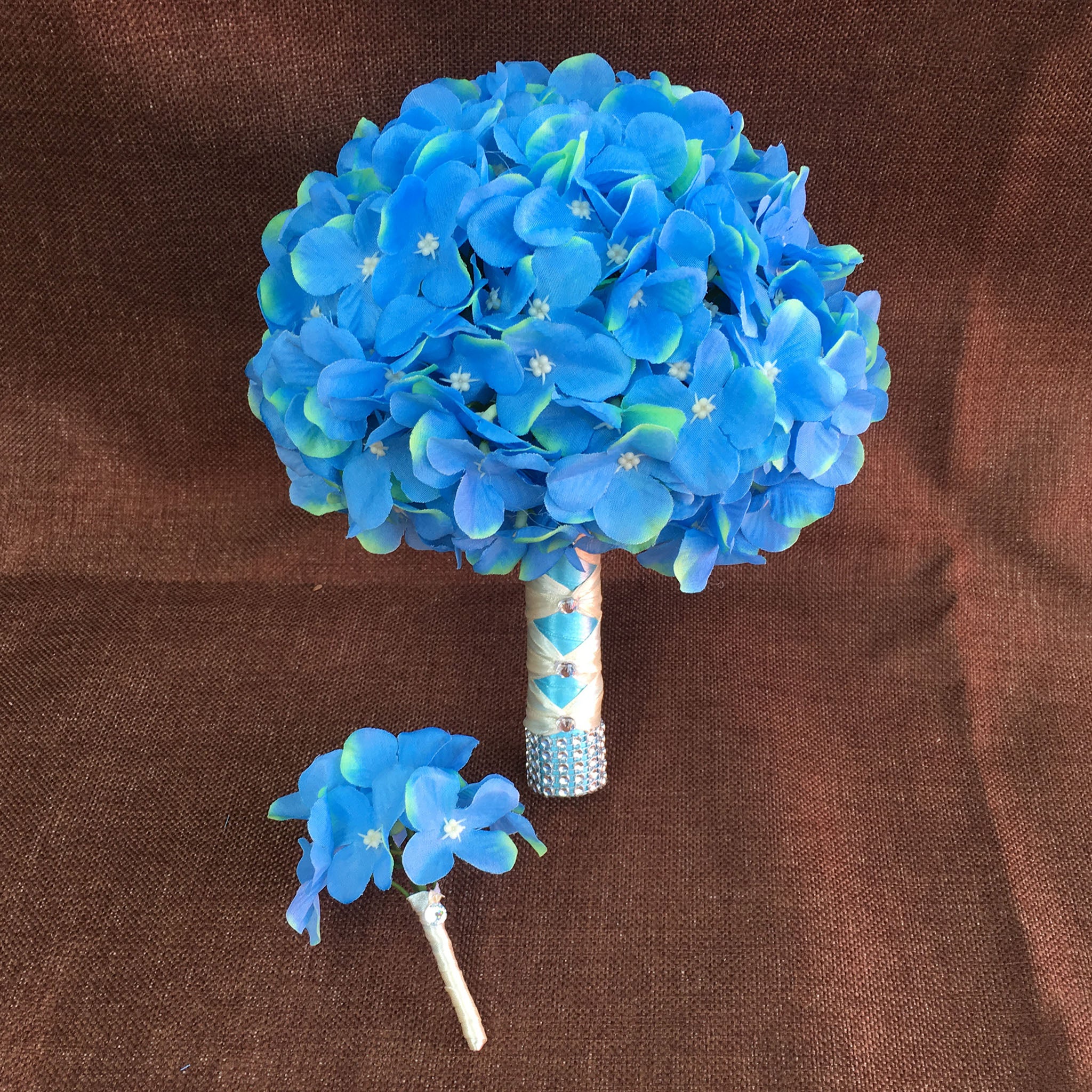 Wedding Bouquet Blue Hydrangea Fake Flower Bouquet Boutineer