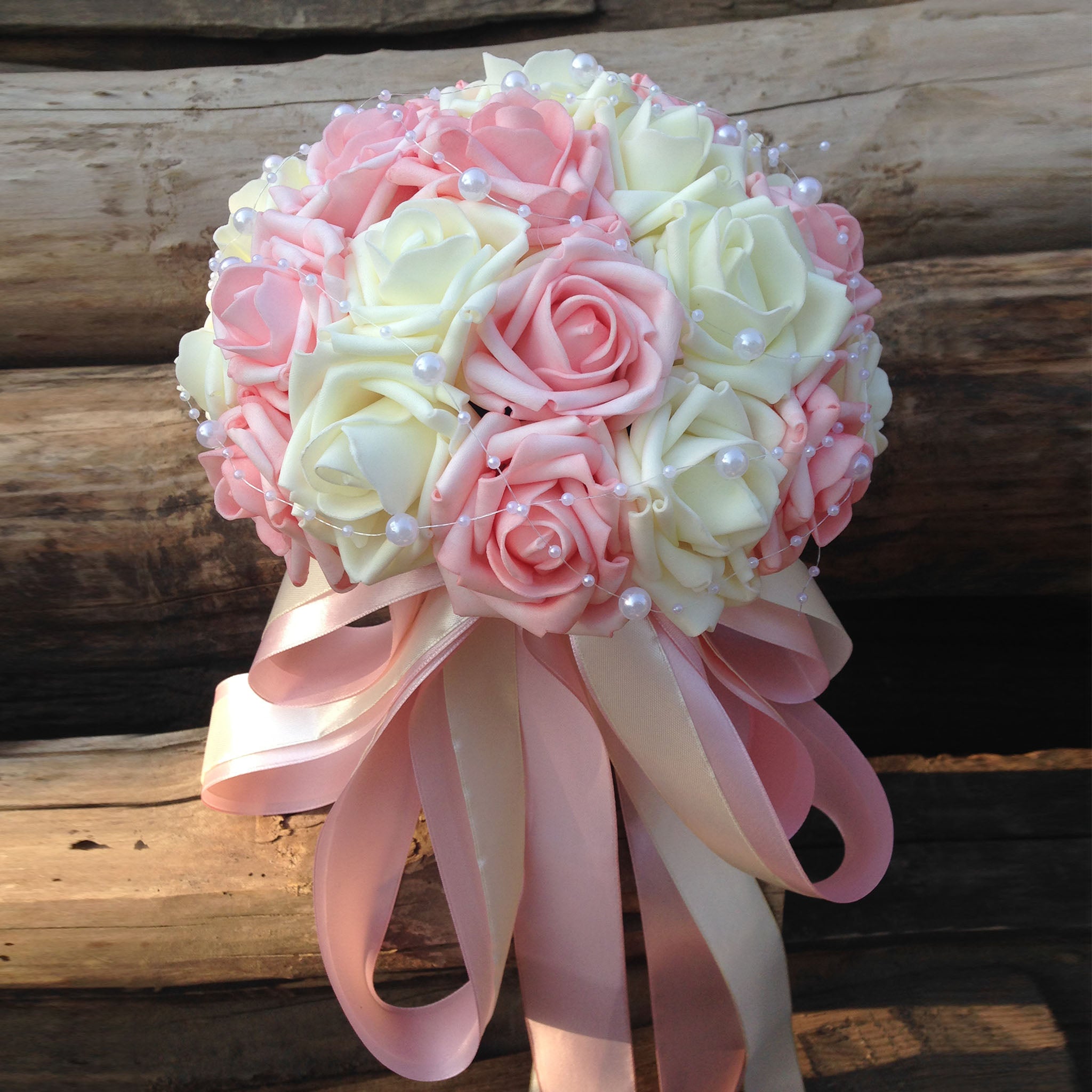 Flower Bouquet of Artificial Roses Light Pink Ivory Bridal Bouquet