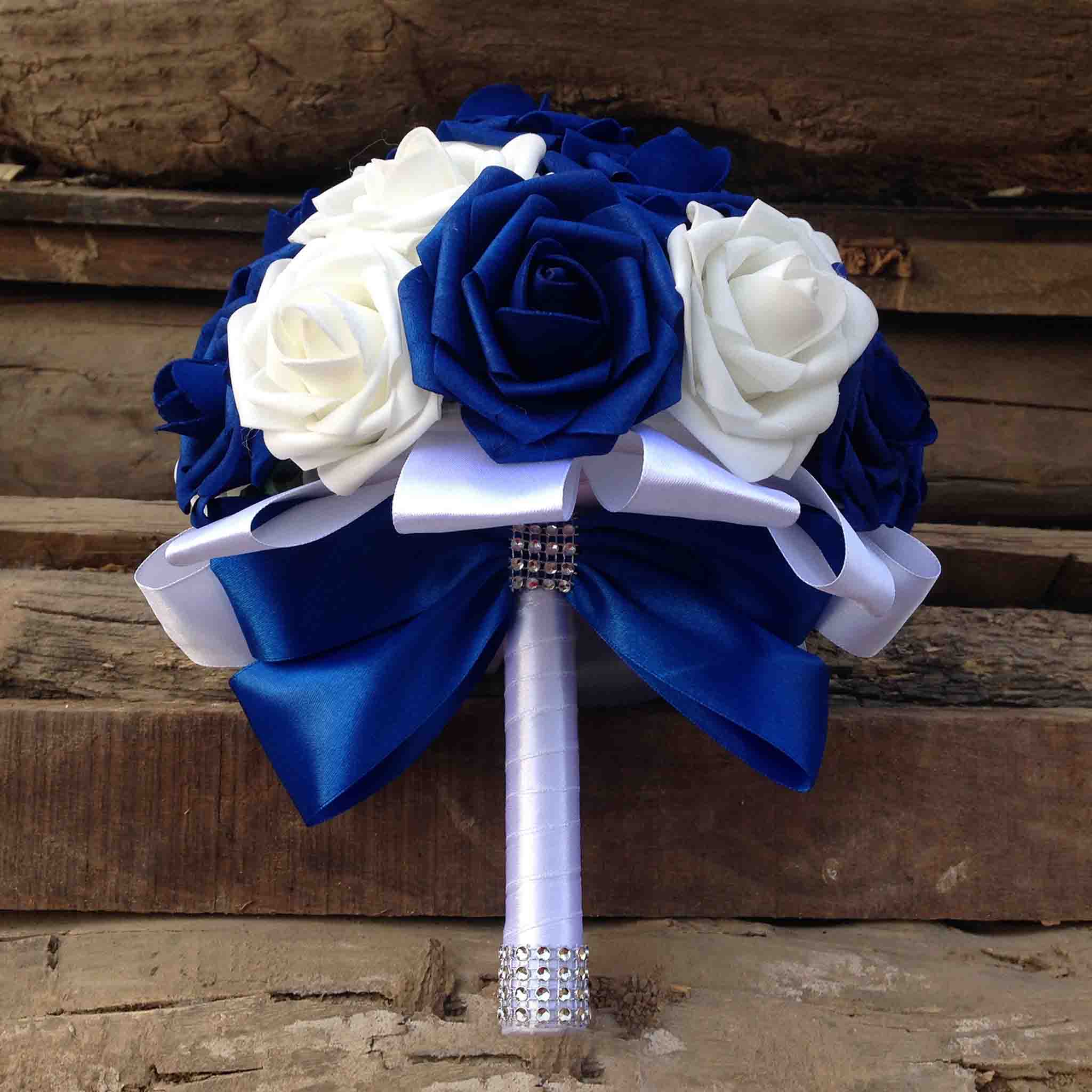 White and Royal Blue Wedding Bouquet for Bridal Bridesmaids