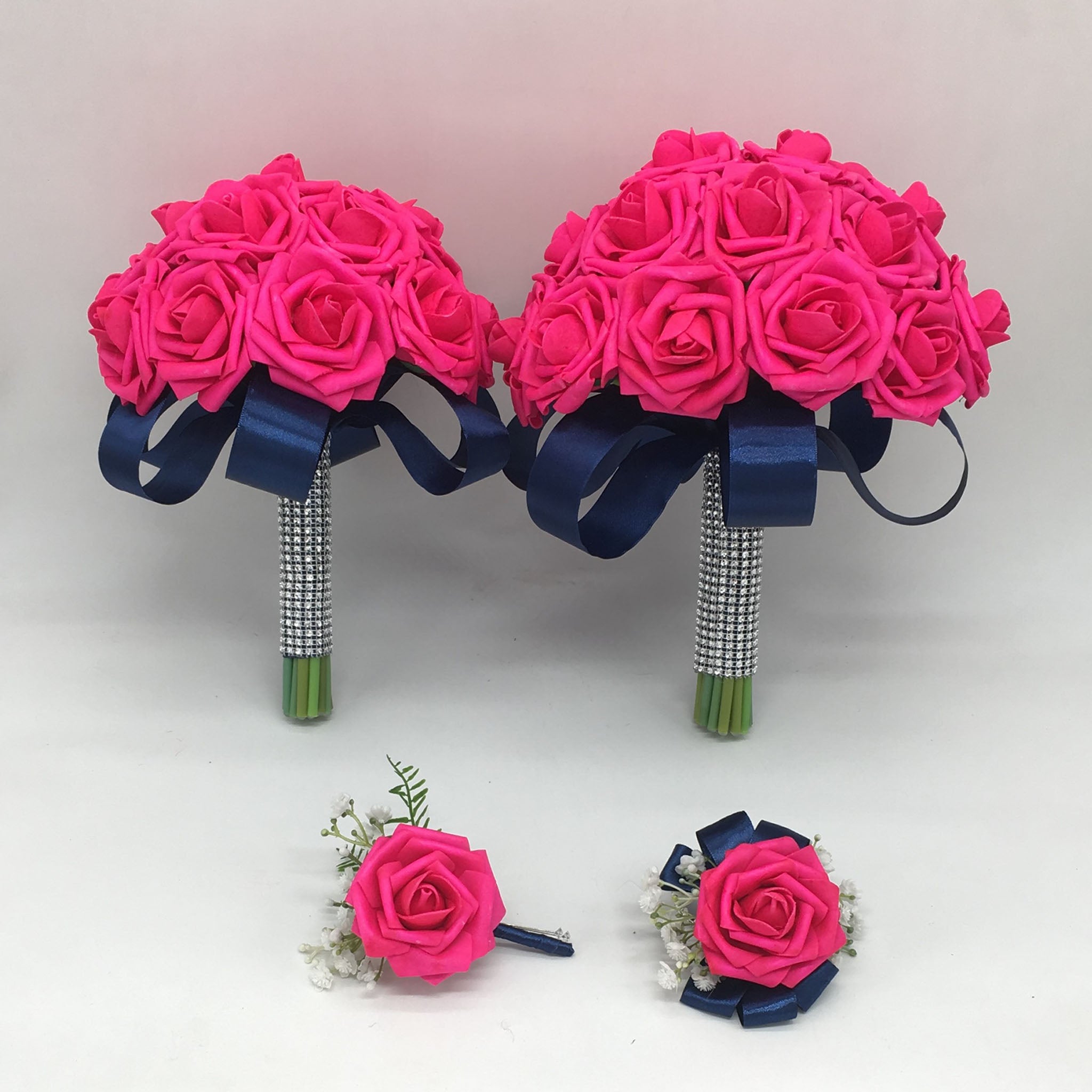 Hot Pink and Navy Blue Bridal Bouquet Bridesmaids Bouquet