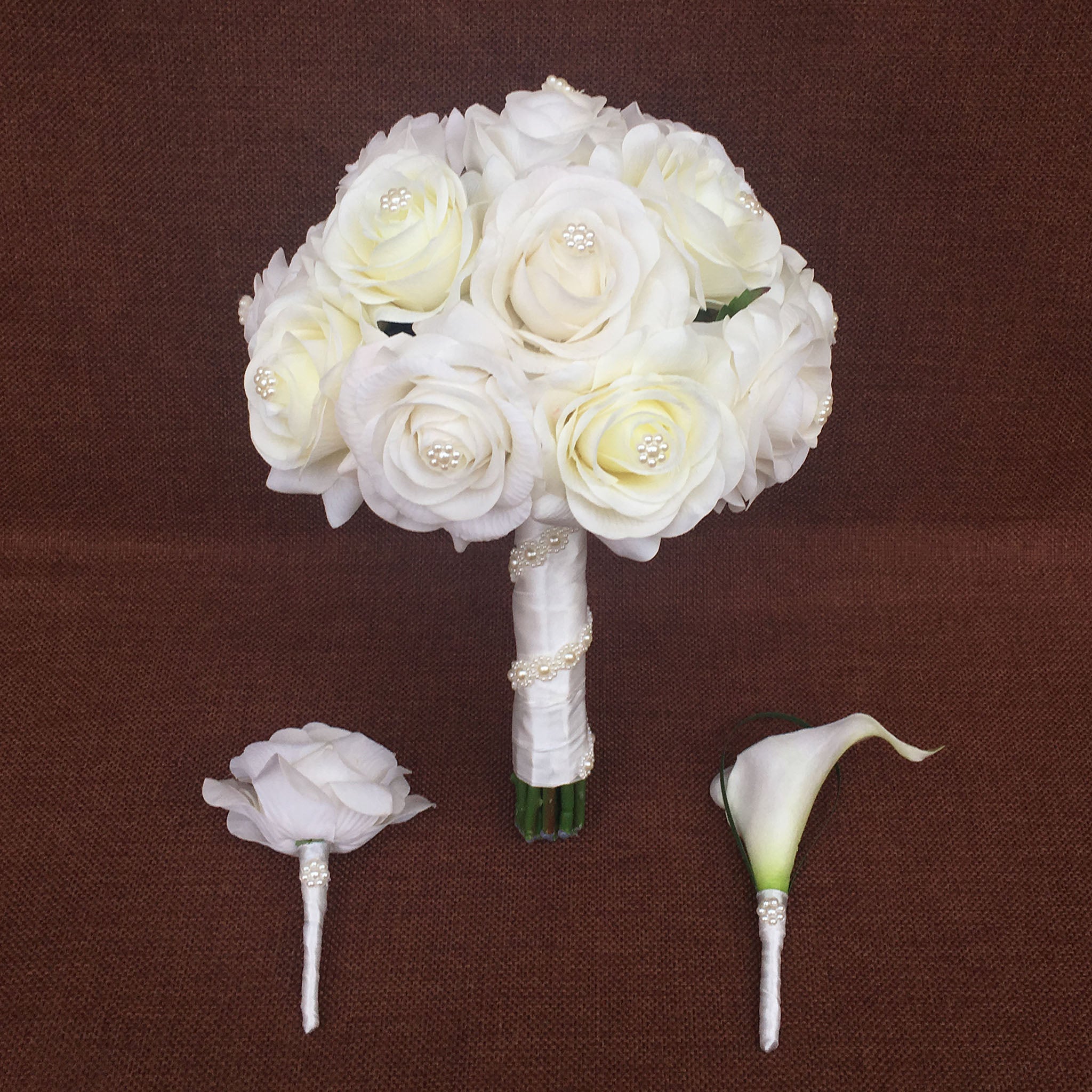 Groom Boutonniere Cream White Roses Flower Wedding Bouquet Bridal