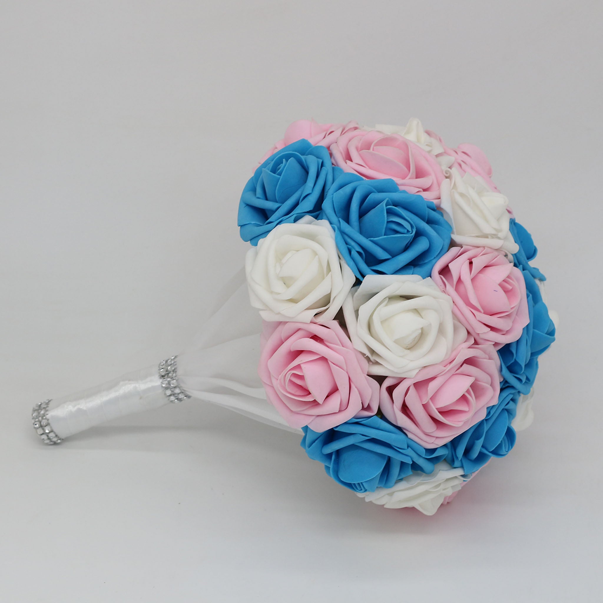 Turquoise White Pink Bridal Bouquet Fake Roses