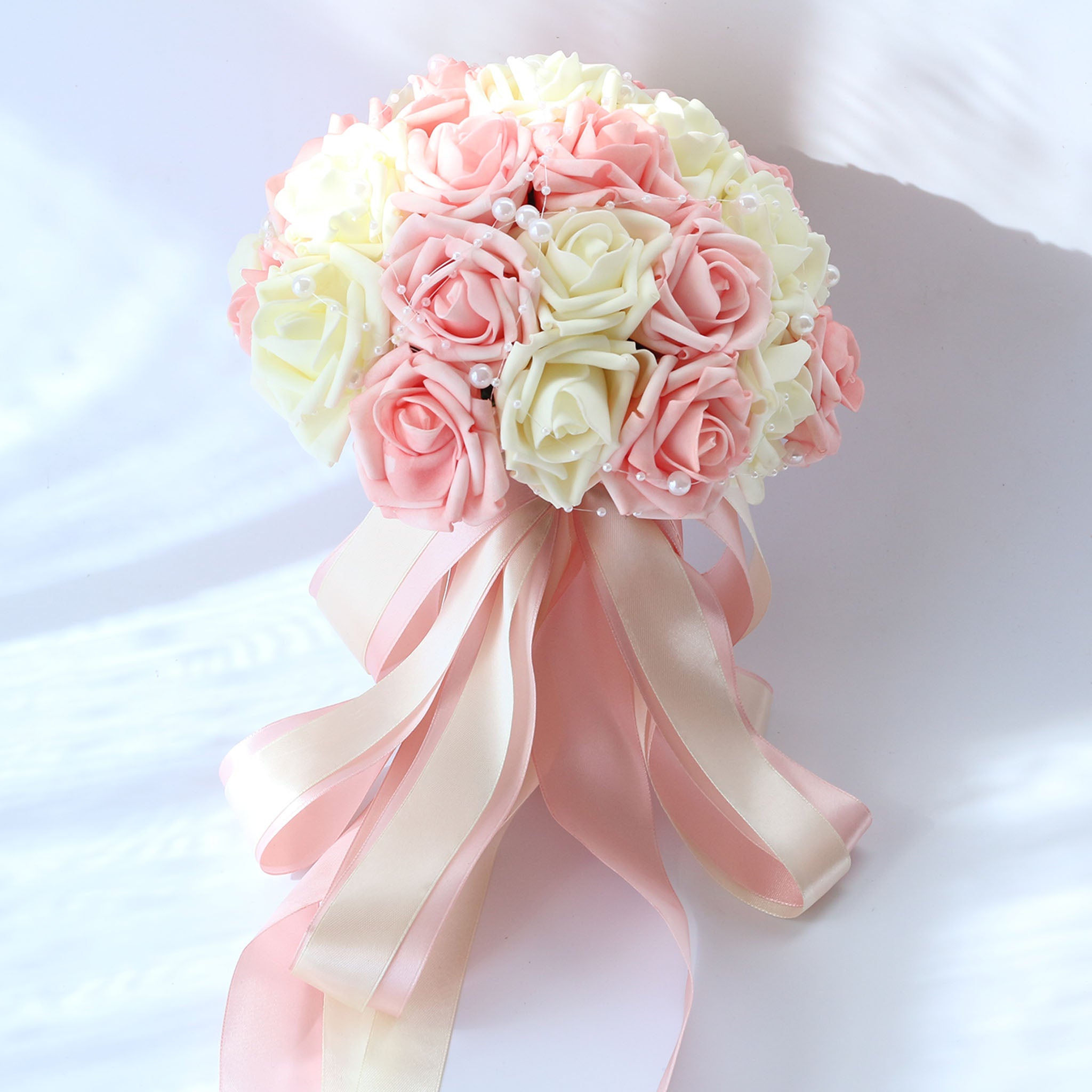 Flower Bouquet of Artificial Roses Light Pink Ivory Bridal Bouquet