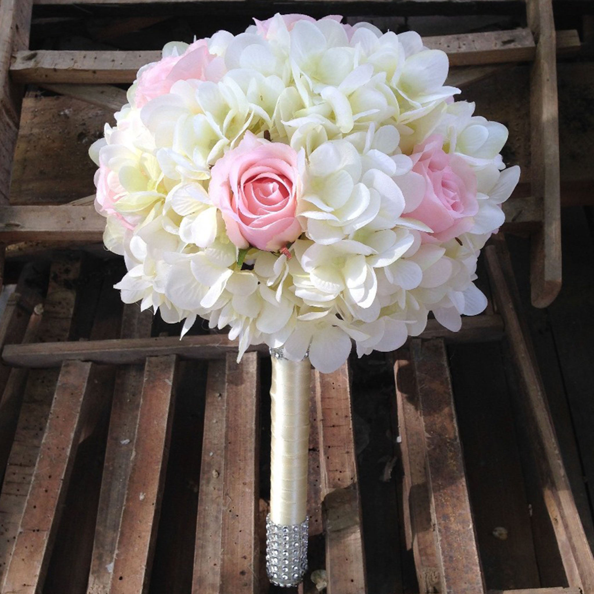 Cream White Hydrangea Wedding Bouquet Pink Rose Bridal Flowers