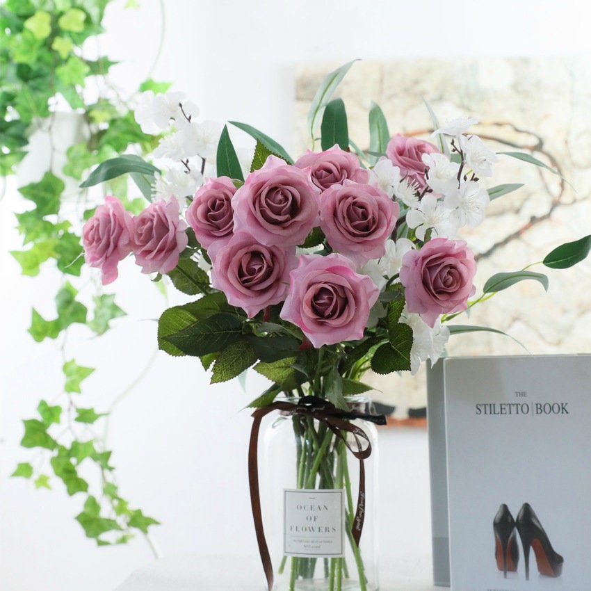 Mauve Flowers Artificial Real Touch Roses Dusty Purple 10 Flowers