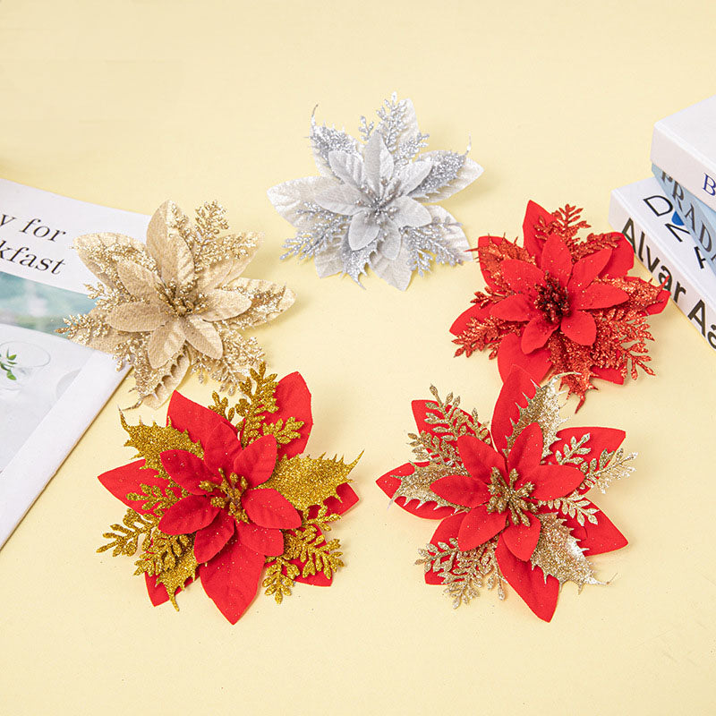 Christmas Flowers Artificial Poinsettia Glitter Decorations Xmas Tree Ornaments